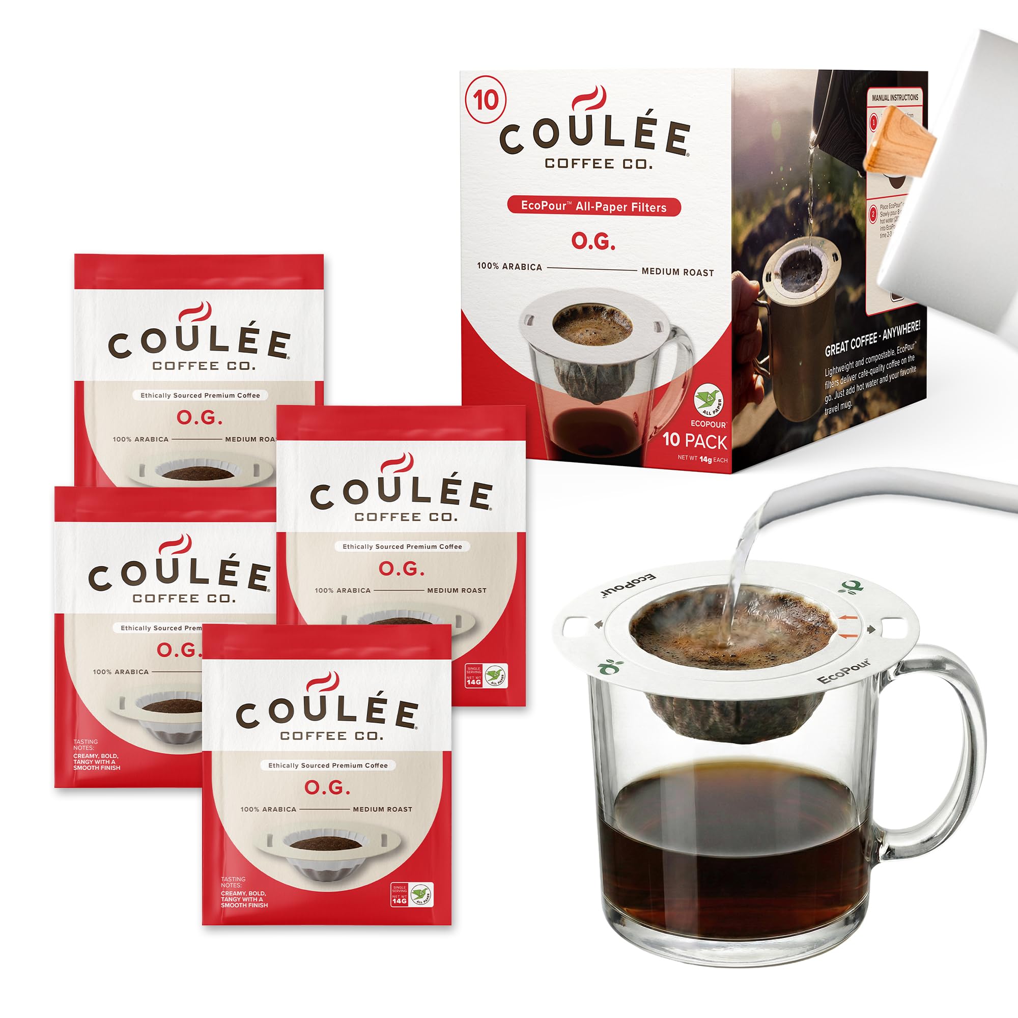 Coulée EcoPour O.G. Coffee, All Paper Single Serve Pour Over Colombian Coffee, Medium Roast, Use for Camping or Traveling, Pre Filled Compostable, All