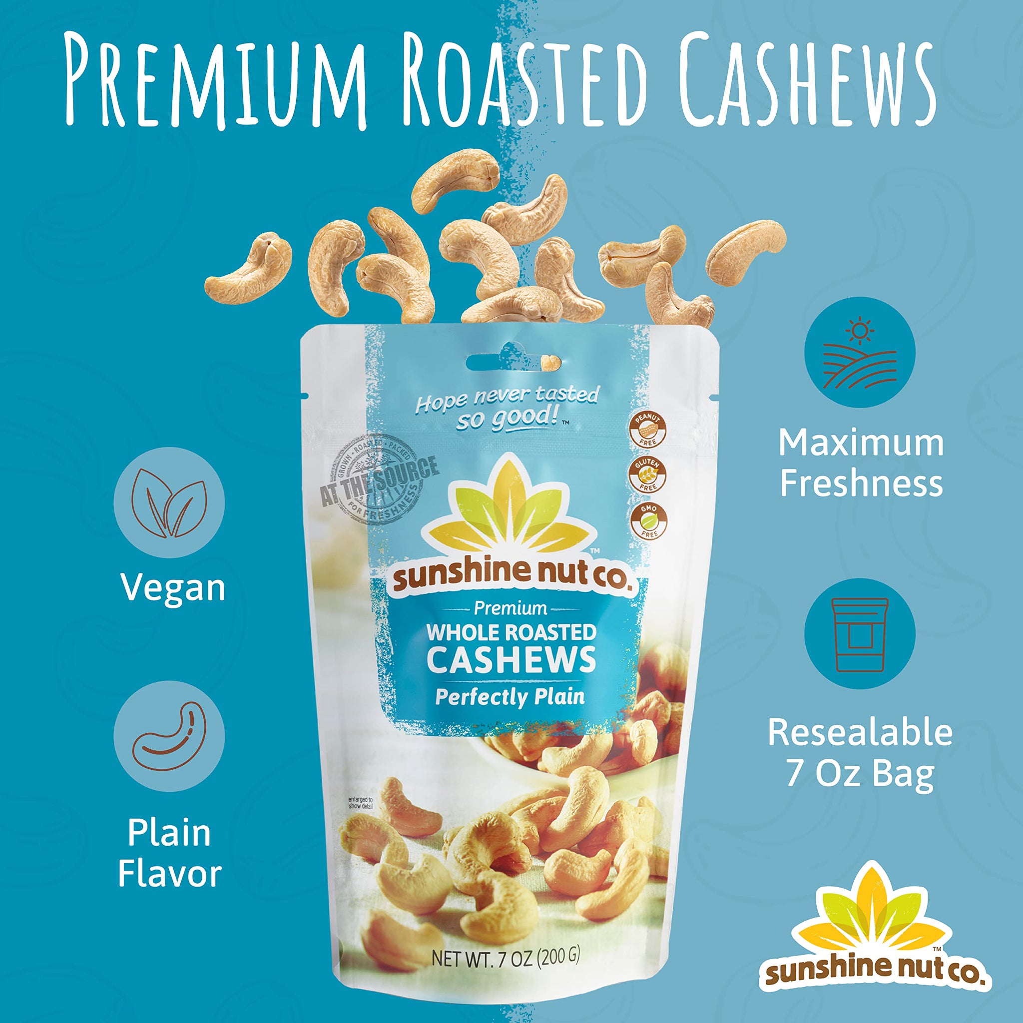 Sunshine Nut Company Whole Roasted Cashews, Perfectly Plain Flavor, No Added Salt, 2 Pack, 7 oz. Each, Gluten Free, Peanut Free and Vegan Individual