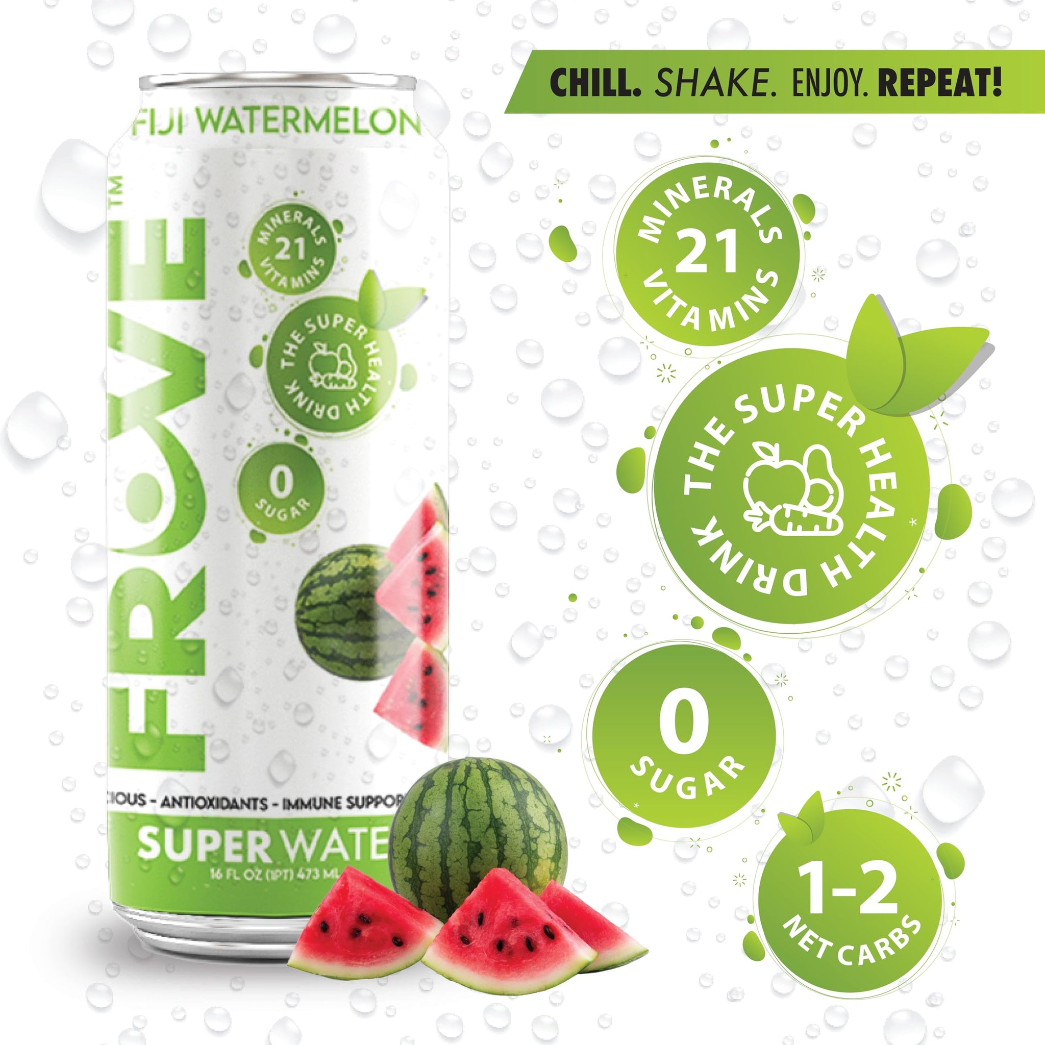 FrUve Super Water | Fiji Watermelon Flavor | 12 16oz Cans | Healthy Drink | Zero Sugar | Low Calorie Drink | Powerful Antioxidants | Boosts Immune
