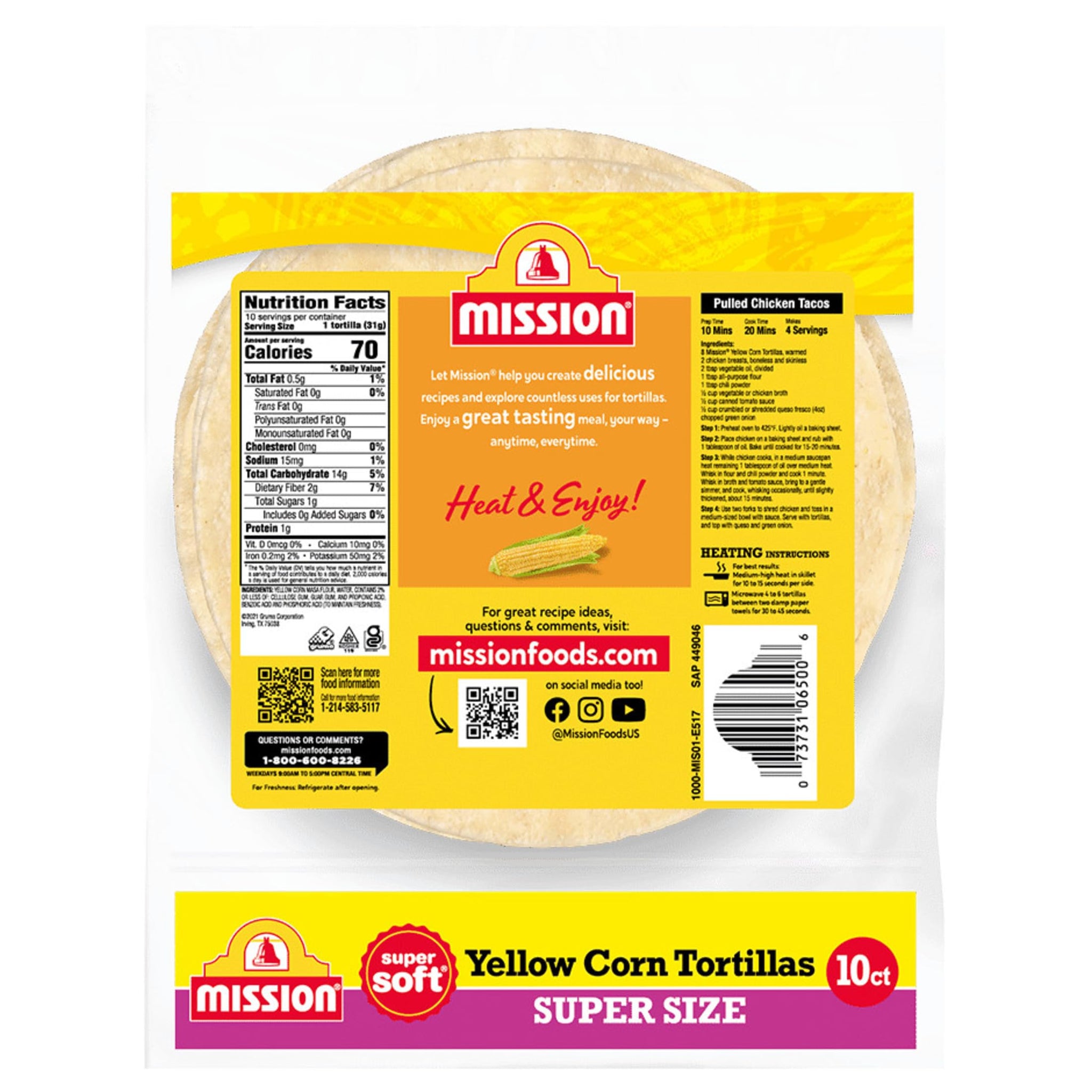 Mission Super Size Yellow Corn Tortillas, Large Soft Taco Size, 10 Count