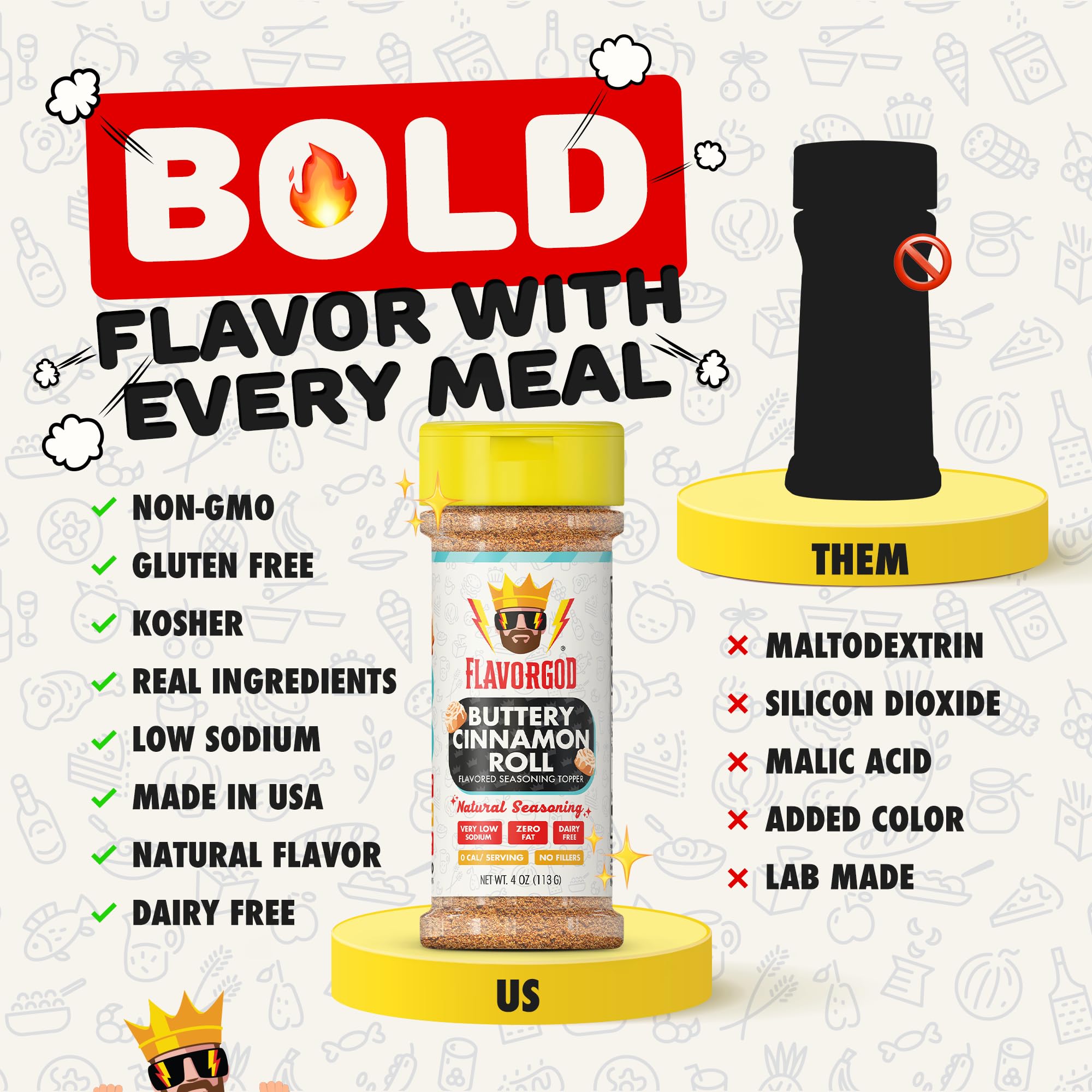 Flavor God Buttery Cinnamon Roll Seasoning Topper Mix, Natural Healthy Blend For Chocolate Donuts, Coffee, Oatmeal, Pancakes, Sandwiches, Fruit, Ice