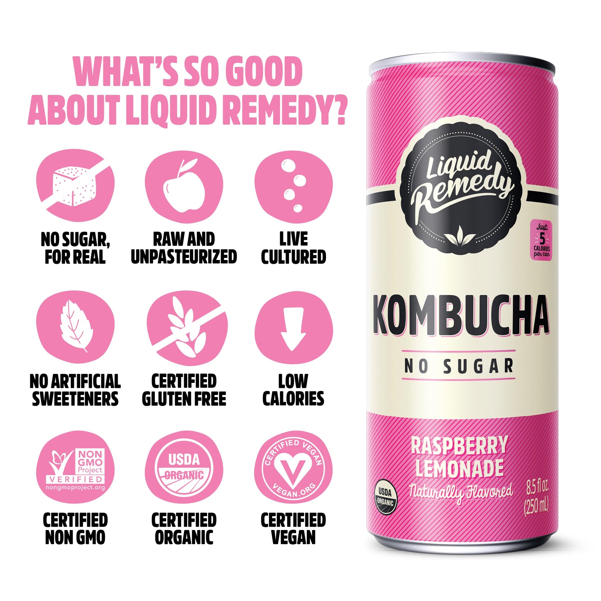 Liquid Remedy Kombucha Sugar Free Organic Drink, Low Calorie, Probiotic Like Tea for Gut Health - Fan Favorites Variety Pack - 8.5 Fl Oz Can, 24-Pack
