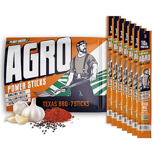 AGRO POWER Vegan Jerky Sticks, 10g Protein per Stick, Texas BBQ Plant-Based, 7 Stick Bag, Non-GMO, 40% Less Sodium, Zero Cholesterol, Meat