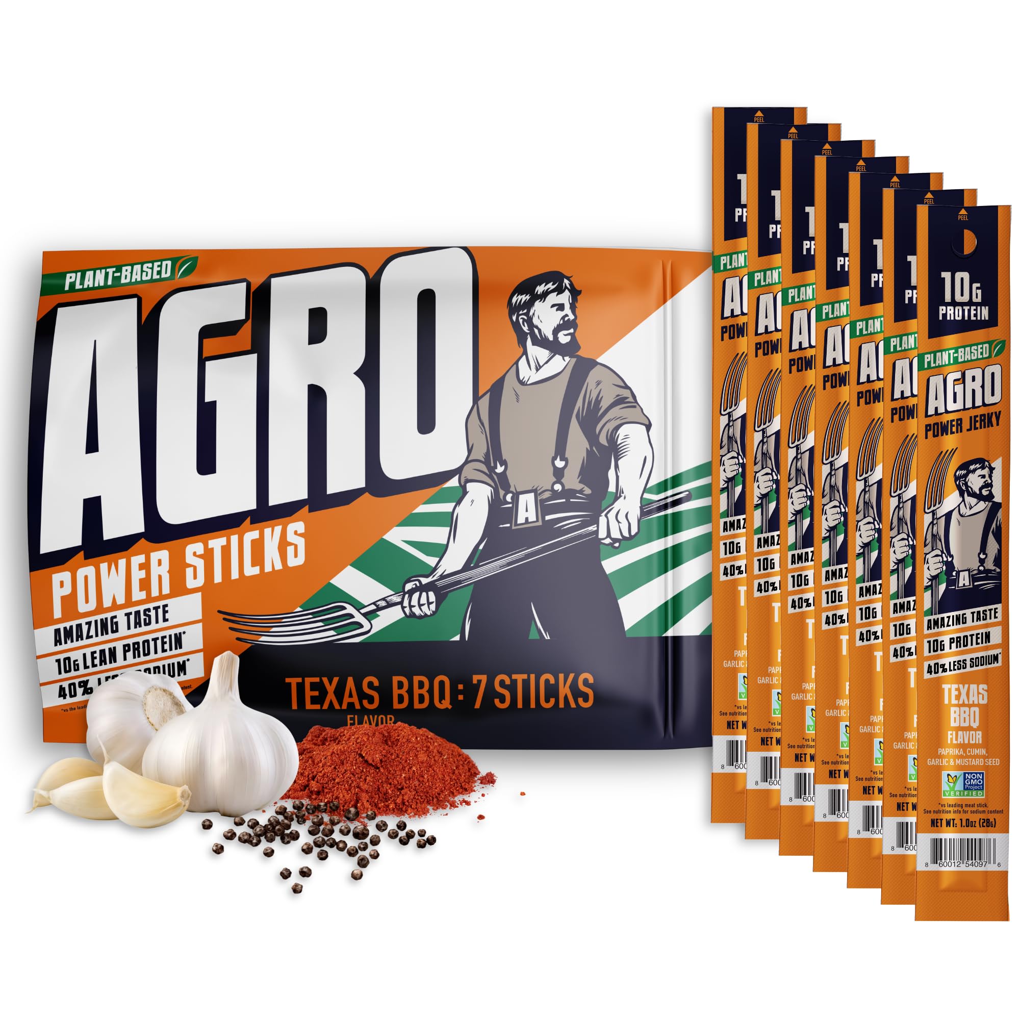AGRO POWER Vegan Jerky Sticks, 10g Protein per Stick, Texas BBQ Plant-Based, 7 Stick Bag, Non-GMO, 40% Less Sodium, Zero Cholesterol, Meat