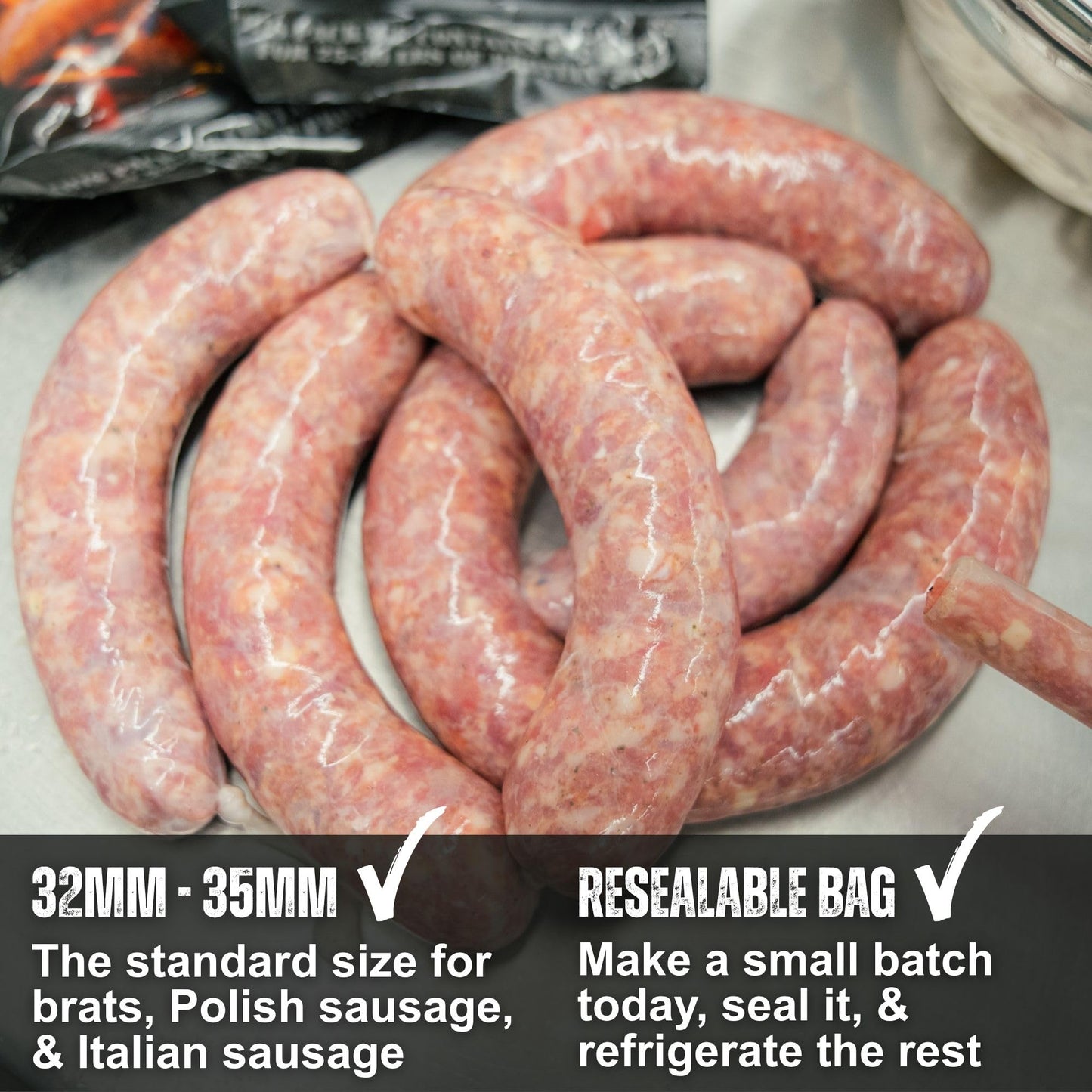 Bearded Butchers Natural Hog Casings 32-35mm - Pre-Flushed, Edible Sausage Casing for 25-30 lbs of Meat - Resealable Bag for Easy Storage - Bratwurst