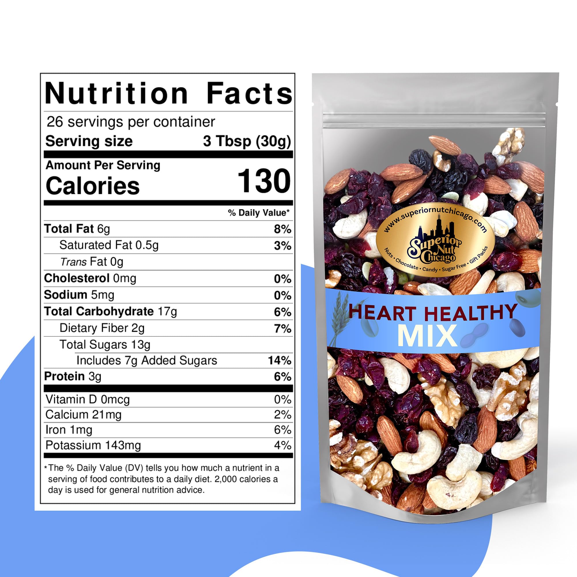 Superior Nut Chicago Heart Healthy Mix - Trail Mix Nuts - Nut Mix w/ Cashews, Almonds, Walnuts, Dried Cranberries & Raisins - Rich in Antioxidants
