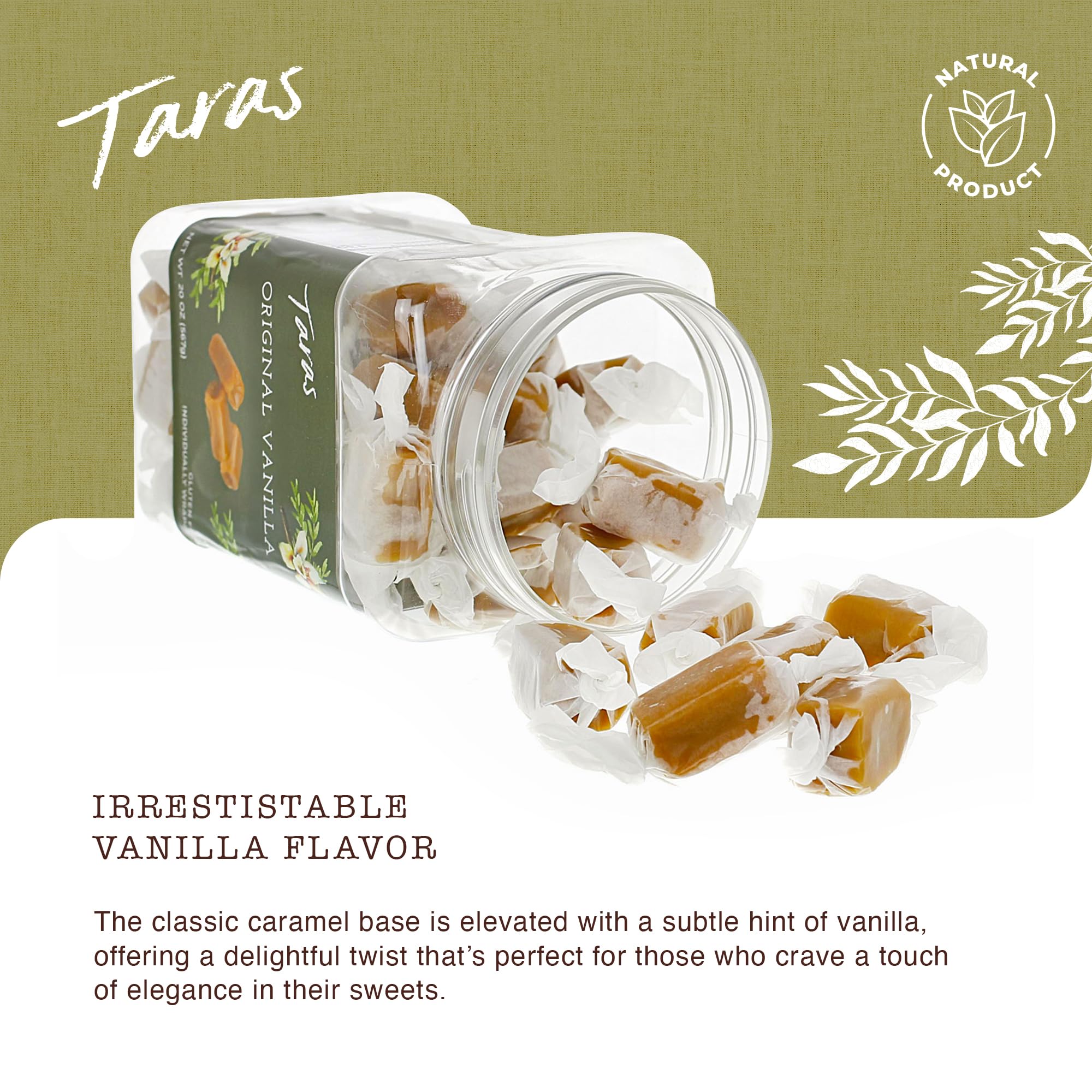 Taras Gourmet Vanilla Caramels | All Natural Candy | Creamy & Individually Wrapped with Real Butter (20 oz)