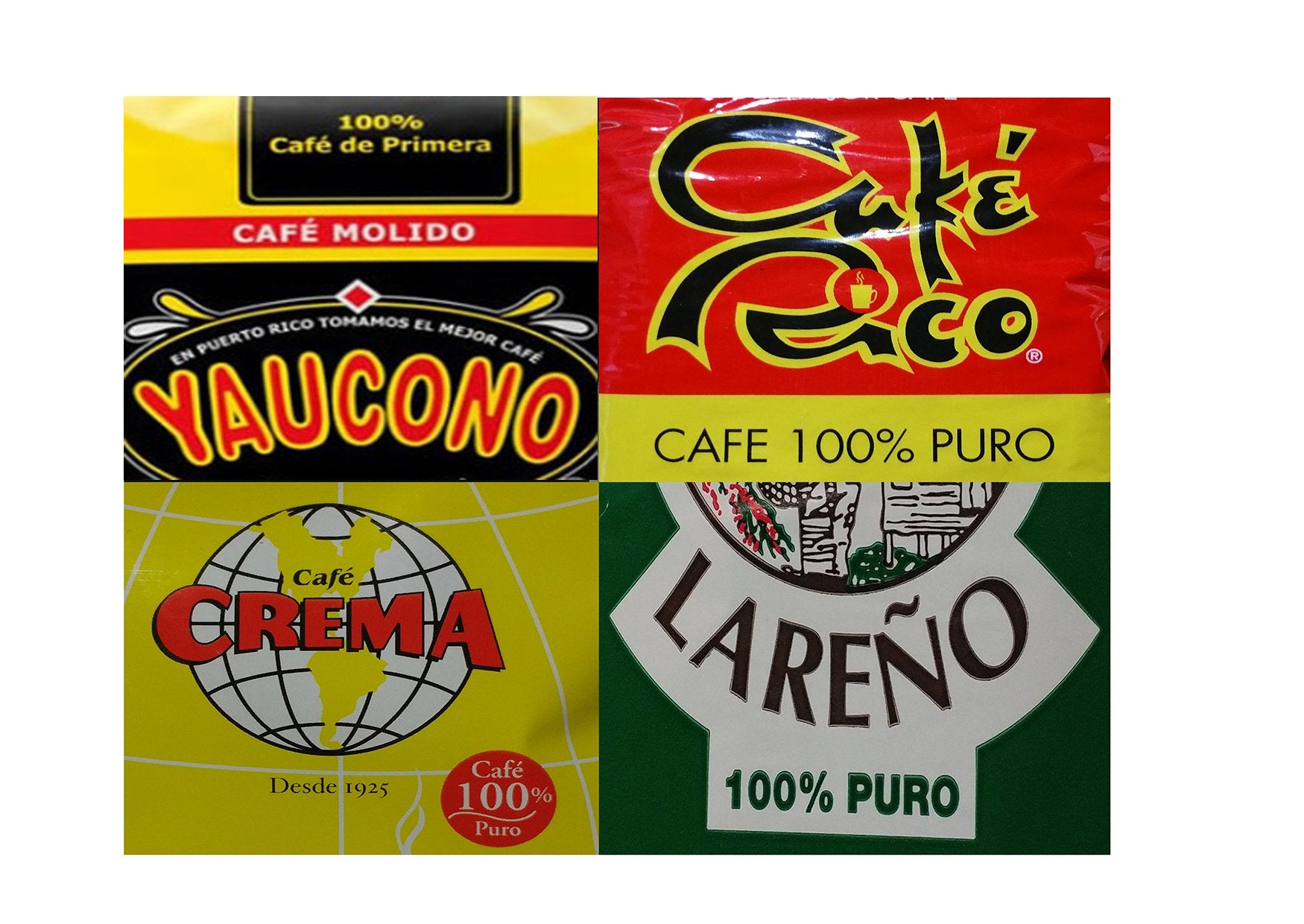 Puerto Rican Ground Coffee Variety Pack - 4 Local Favorites In 8 Ounce Bags (Cafe Rico, Lareno, Crema and Yaucono) Includes 2 Envelopes Of Sason