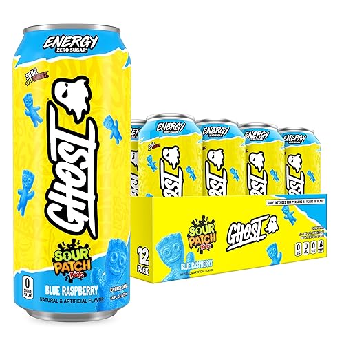 GHOST Energy Drink - 12-Pack, Sour Patch Kids Blue Raspberry, 16oz - Energy & Focus & No Artificial Colors - 200mg Natural Caffeine, L-Carnitine