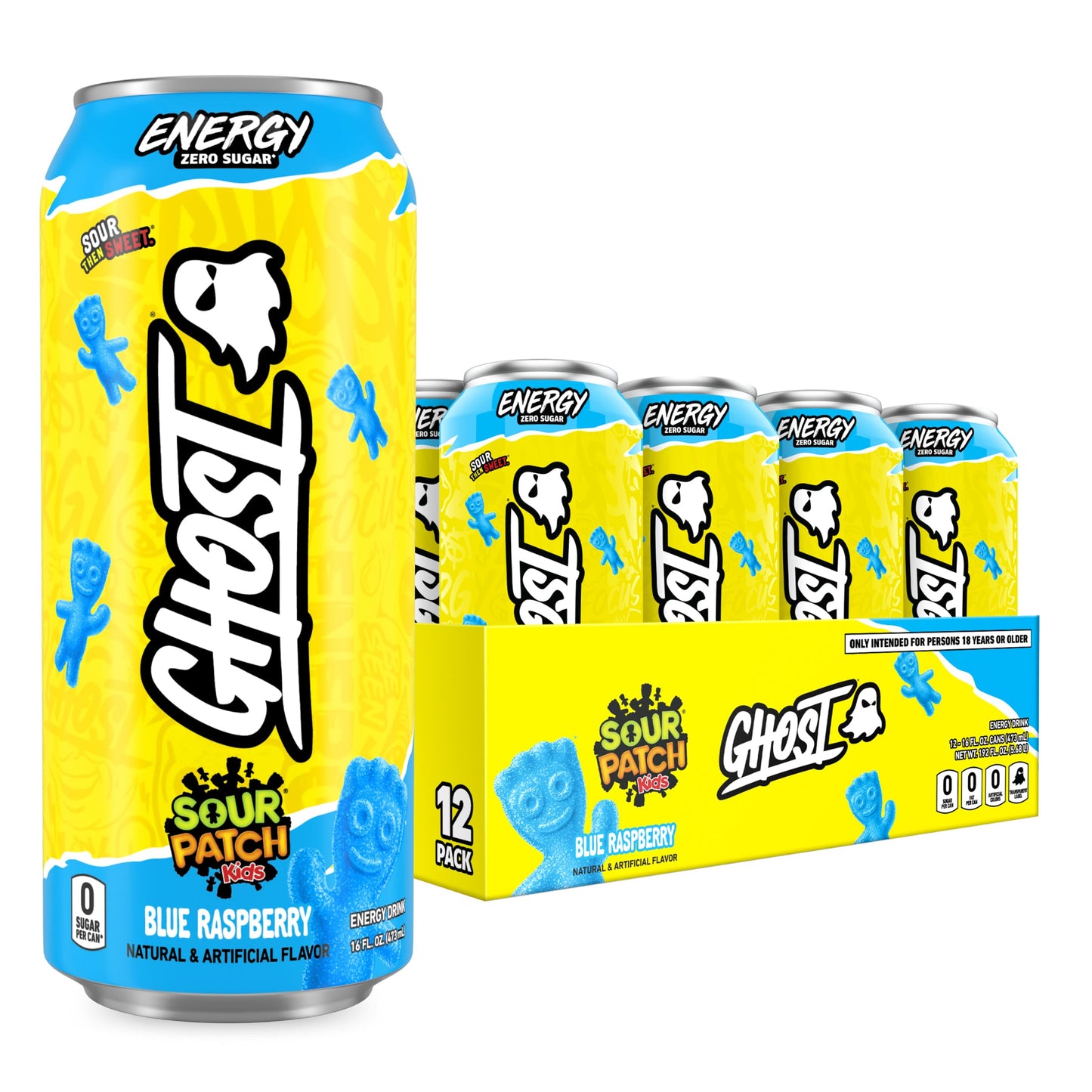 GHOST Energy Drink - 12-Pack, Sour Patch Kids Blue Raspberry, 16oz - Energy & Focus & No Artificial Colors - 200mg Natural Caffeine, L-Carnitine