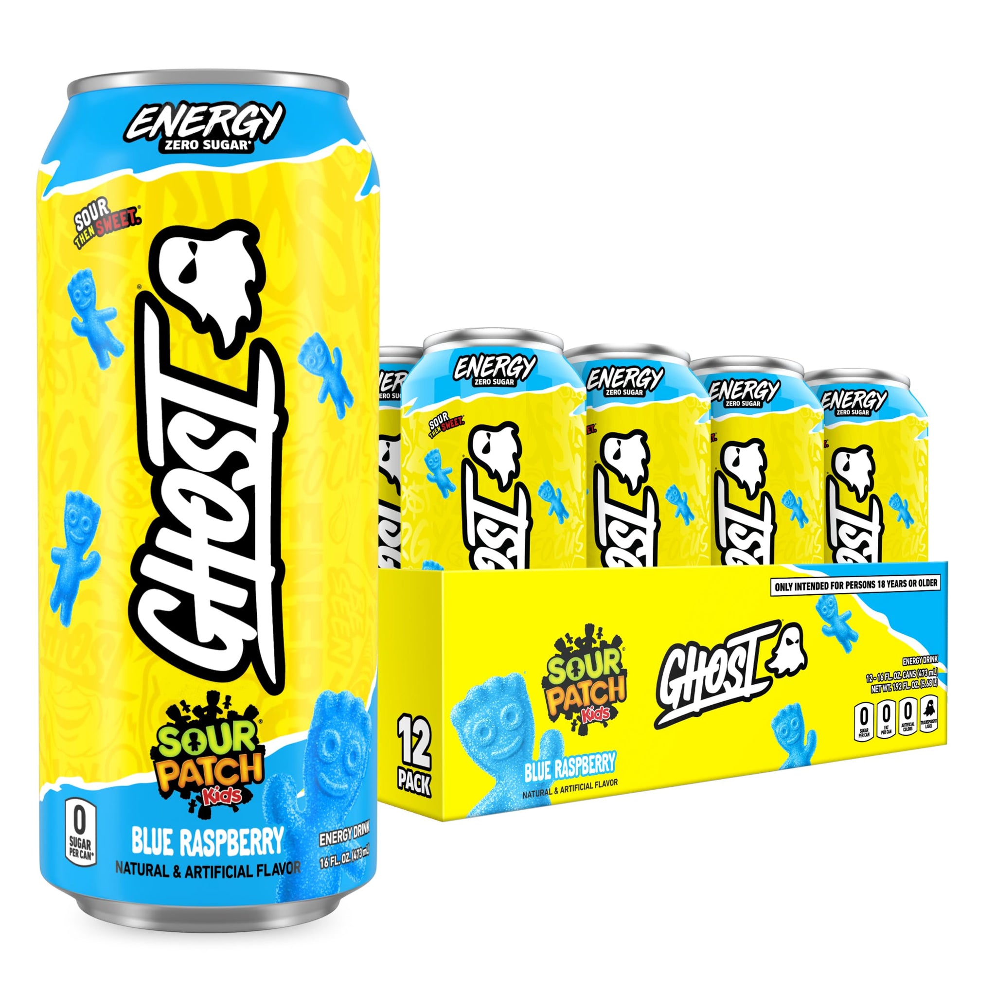 GHOST Energy Drink - 12-Pack, Sour Patch Kids Blue Raspberry, 16oz - Energy & Focus & No Artificial Colors - 200mg Natural Caffeine, L-Carnitine