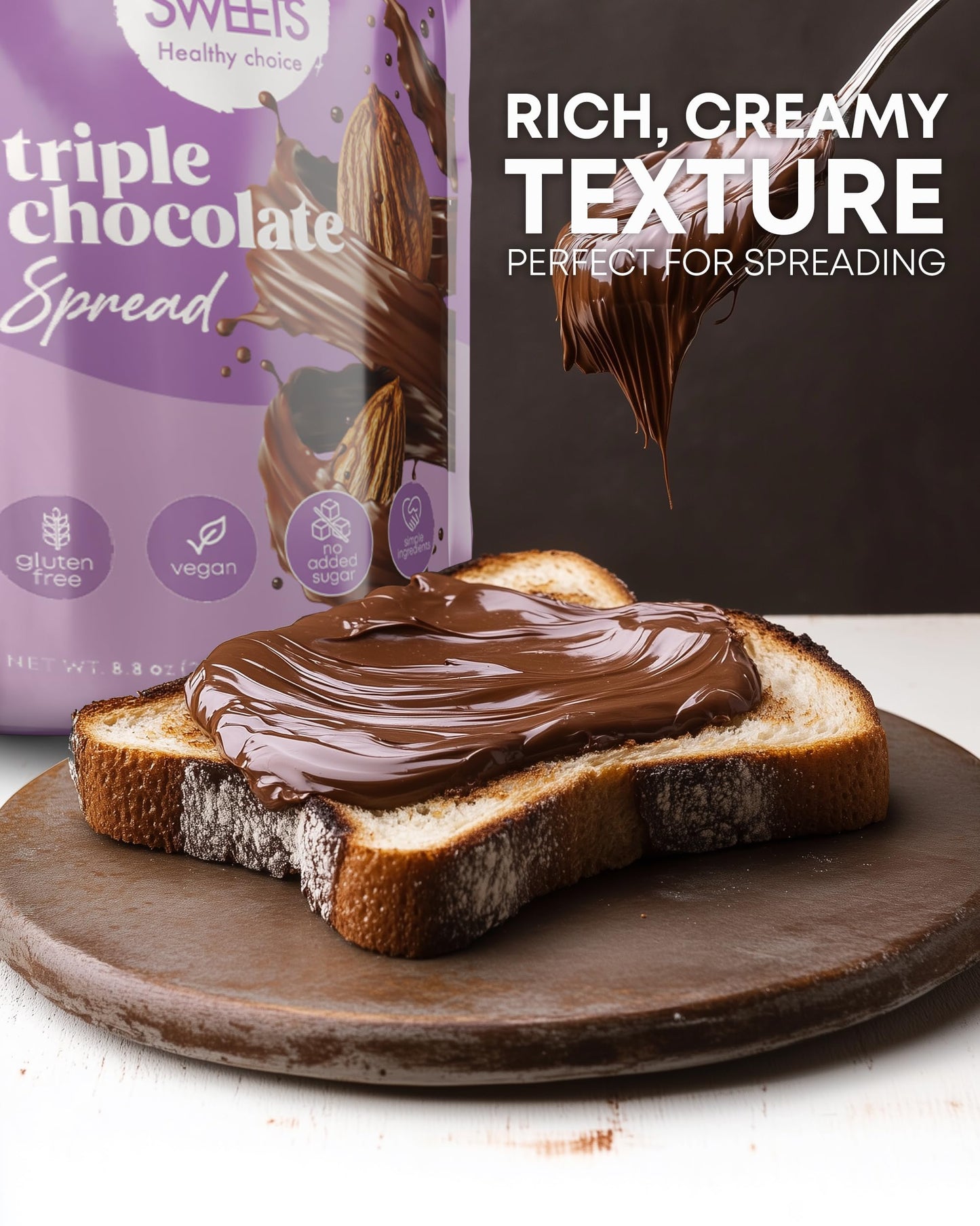 Vegan chocolate spread sugar free triple chocolate low carb dessert healthy snack no added sugar gluten free dairy free avocado oil natural