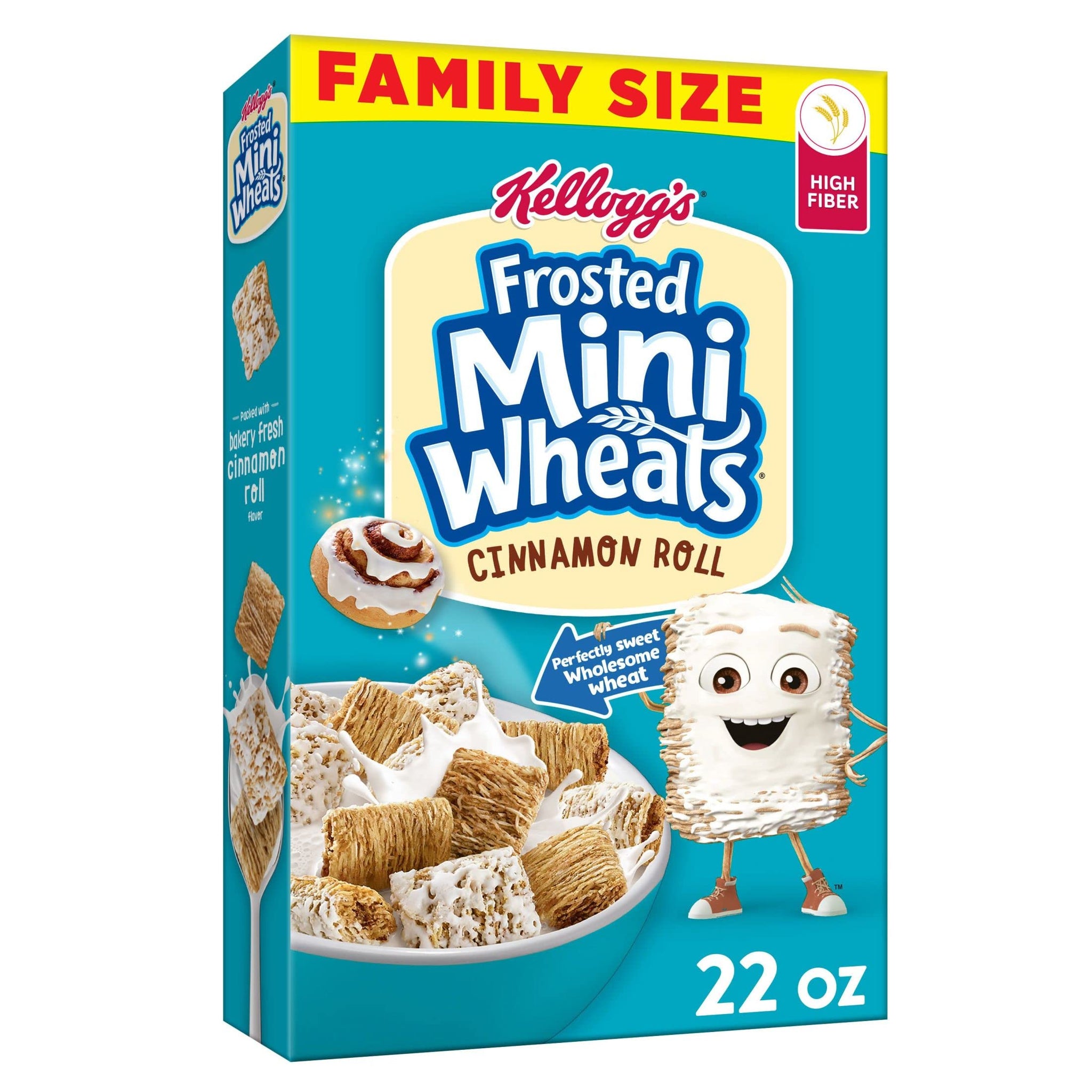 kellogg's Frosted Mini-Wheats Cold Breakfast Cereal, High-Fiber, Whole Grain, Family Size, Cinnamon Roll, 22oz Box (1 Box)