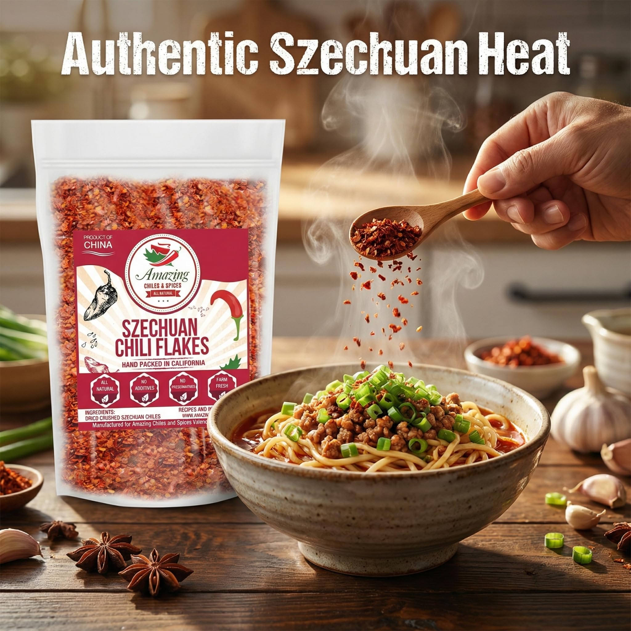 Sichuan Chili Flakes, 8 oz - Traditional Red Pepper Spices and Szechuan Seasoning for Thai, Korean, Mexican, and Asian Dishes, Authentic Medium Hot