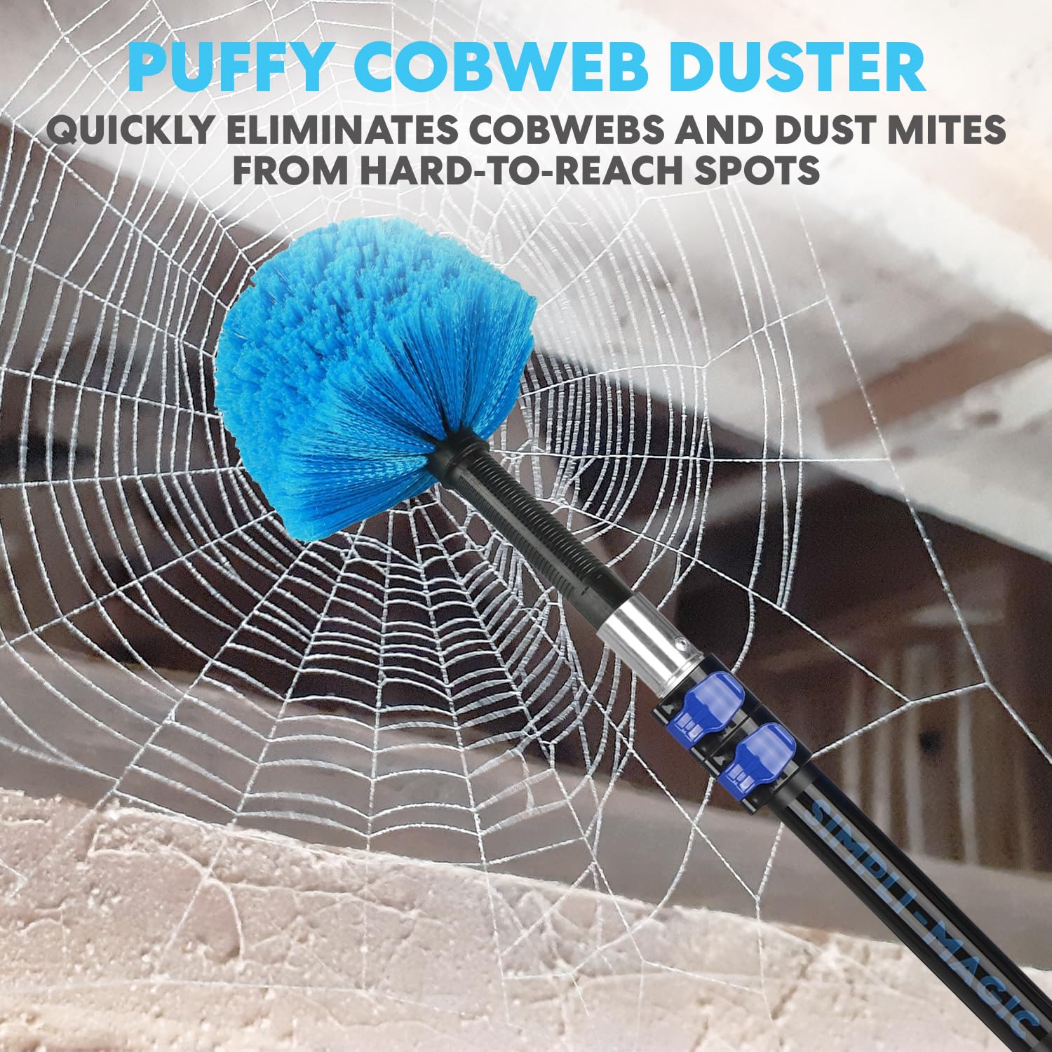 Simpli-Magic 5-to-12 Foot Cobweb Duster with Extension Pole Combo (20 Ft Reach, Medium-Stiff Bristles), Spider Web Brush with Pole - Hand-Packaged