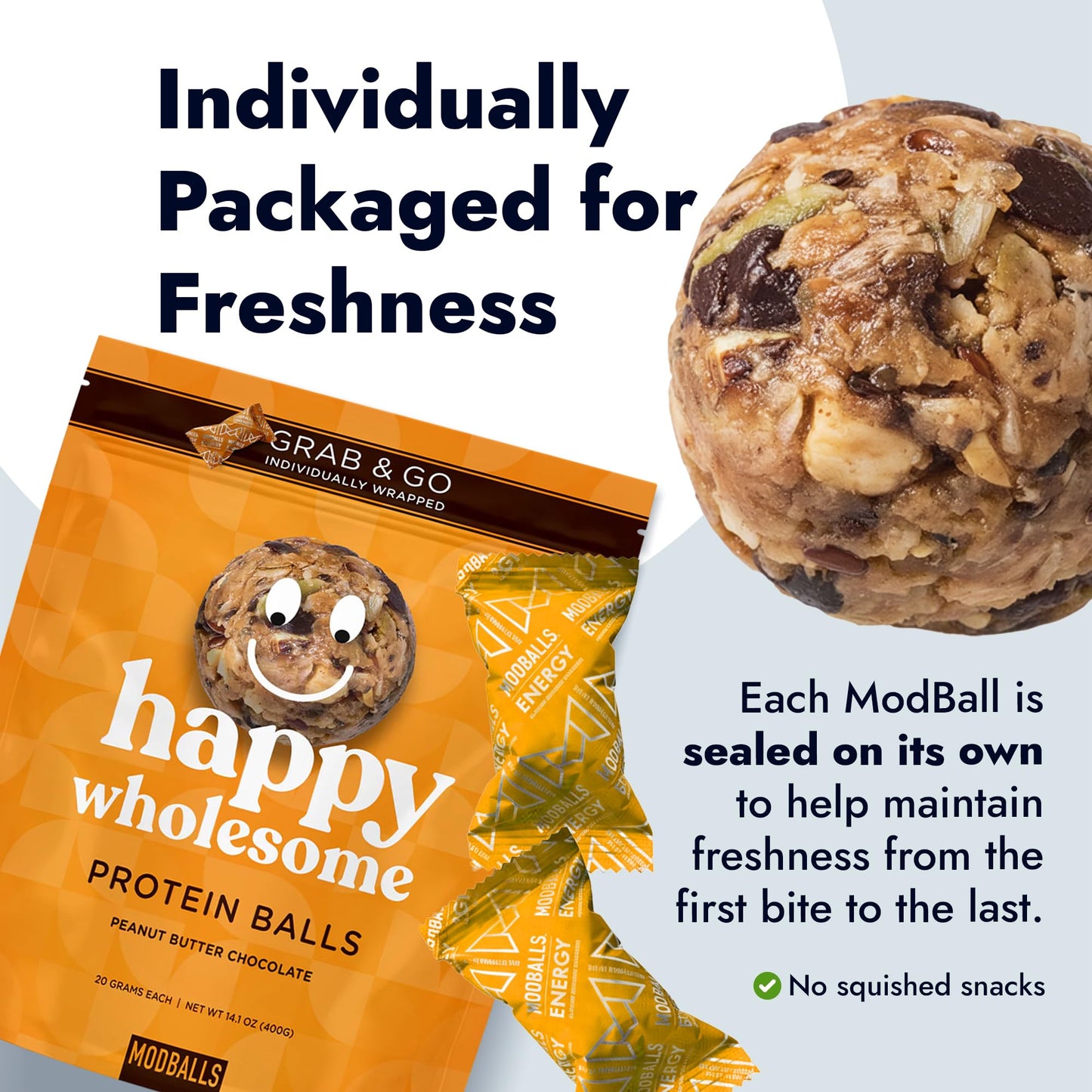 Happy Wholesome Protein Balls 20 Count (Peanut Butter Chocolate) Protein Snack, 8 g High-Protein. Individually Wrapped Protein Ball. Healthy Snack