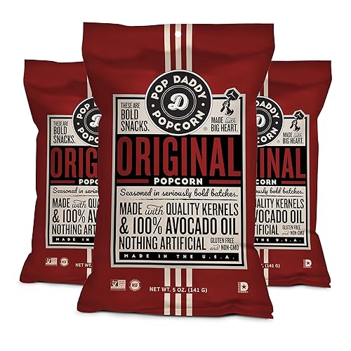 Pop Daddy Flavored Popcorn Gourmet, Original Flavor Popped Popcorn, Hand Seasoned Kernels, Gluten Free Popcorn Snacks, 5oz Individual Bags, 3 Pack