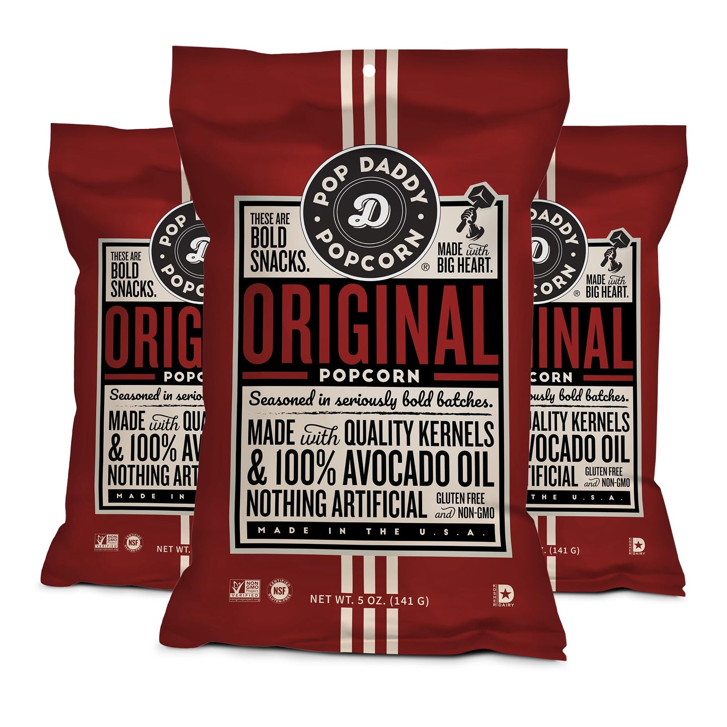 Pop Daddy Flavored Popcorn Gourmet, Original Flavor Popped Popcorn, Hand Seasoned Kernels, Gluten Free Popcorn Snacks, 5oz Individual Bags, 3 Pack