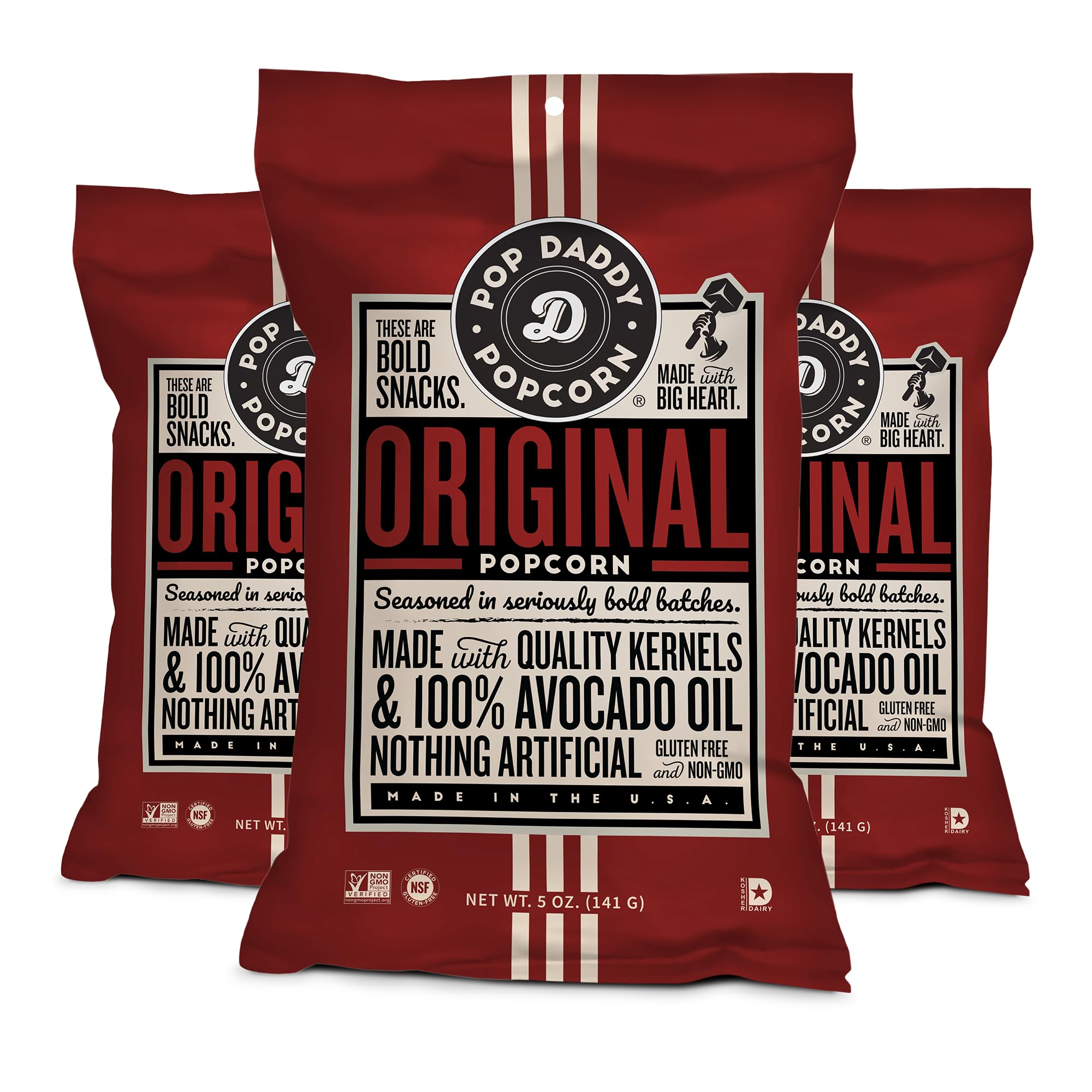 Pop Daddy Flavored Popcorn Gourmet, Original Flavor Popped Popcorn, Hand Seasoned Kernels, Gluten Free Popcorn Snacks, 5oz Individual Bags, 3 Pack