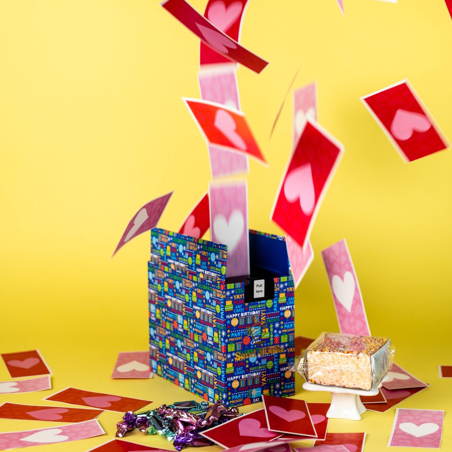 Birthday Love Shower Gift Box by Send A Cake - Ready-to-Gift Music Box with Sweet Caramels & 3" Rainbow Sprinkle Dots Crispy Cake - No Assembly