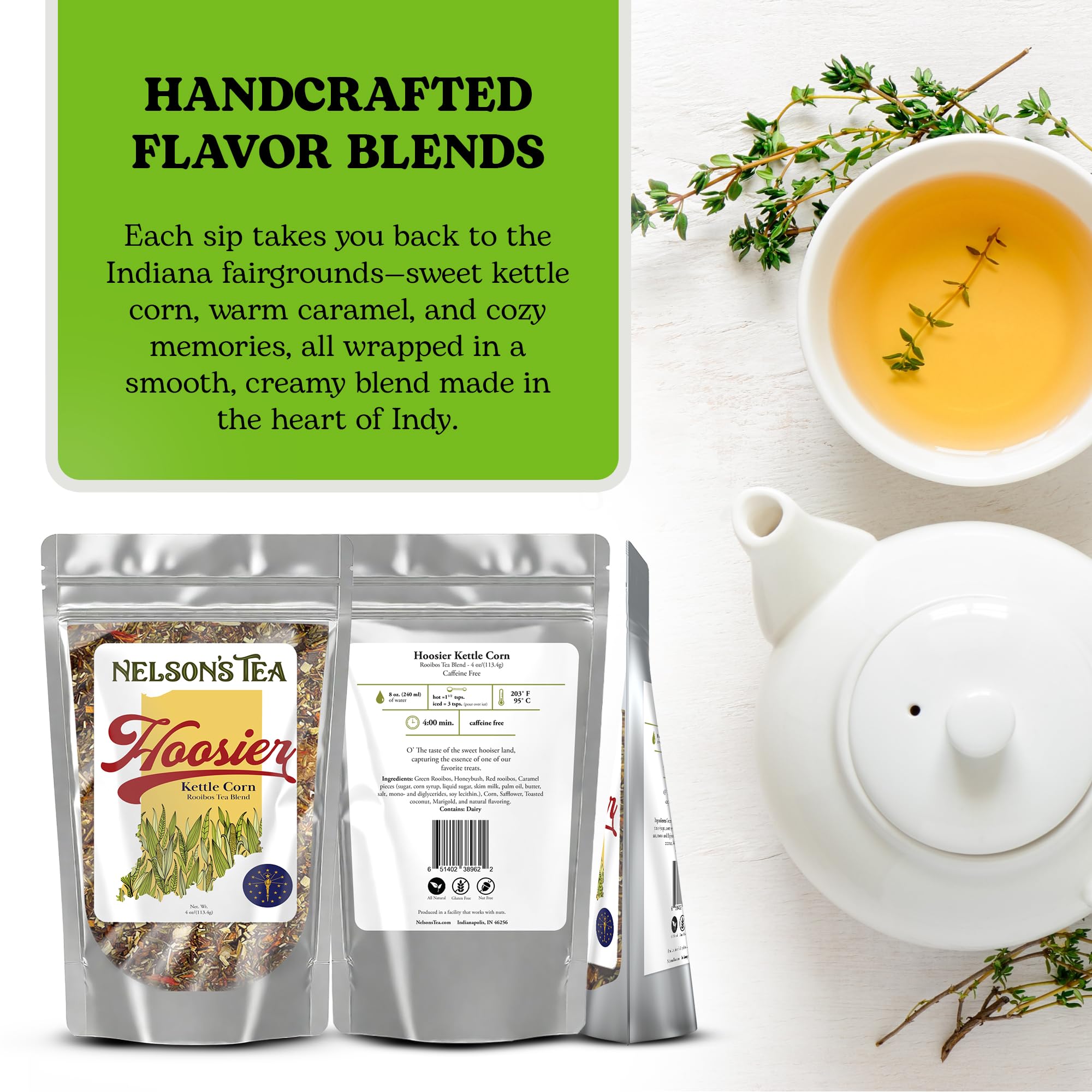 Nelson's Tea Hoosier Kettle Corn - Cut & Sifted, Caffeine Free Loose Leaf Tea with Sweet and Spicy Blend of Green Rooibos, Honeybush, Caramel, Corn