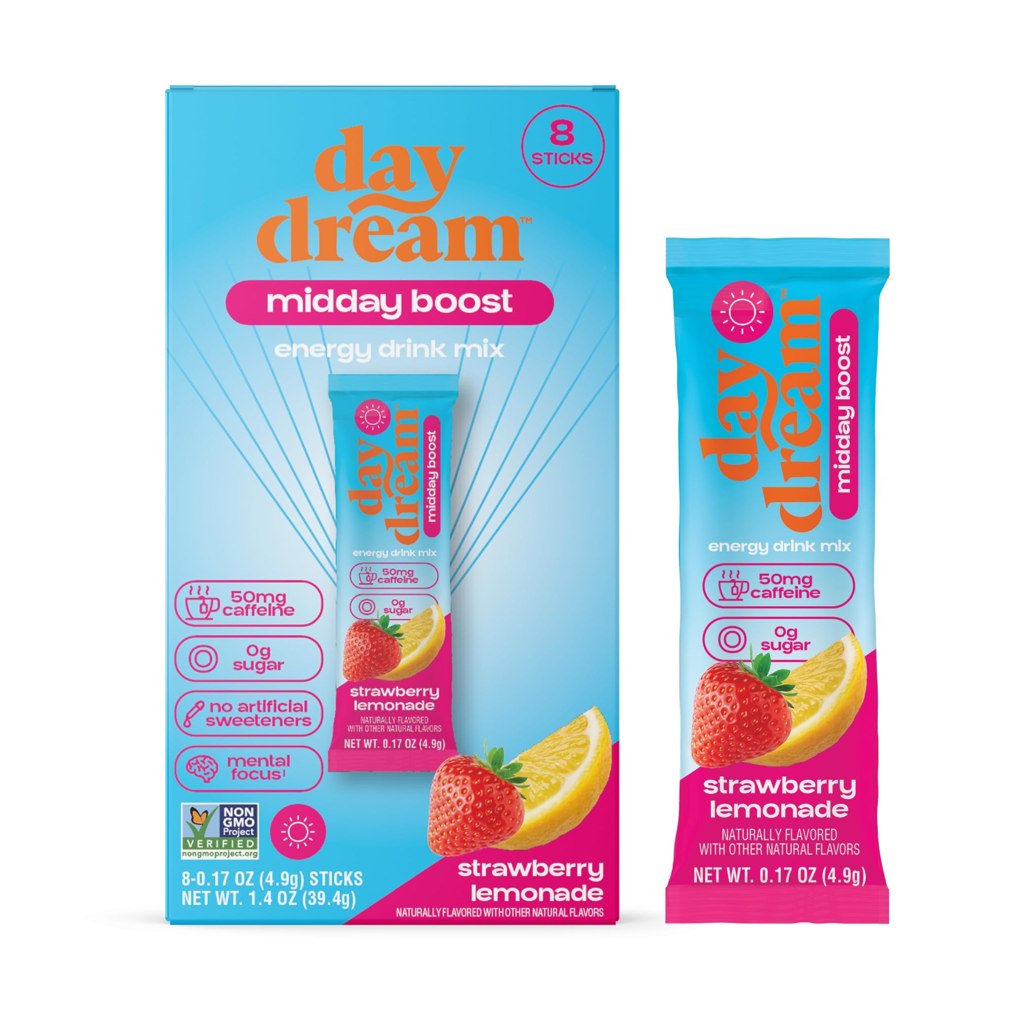 Day/Dream Midday Boost Energy Drink Mix - Strawberry Lemonade, 50mg Natural Caffeine from Green Coffee, L-Theanine, L-Citrulline, Eleuthero Root
