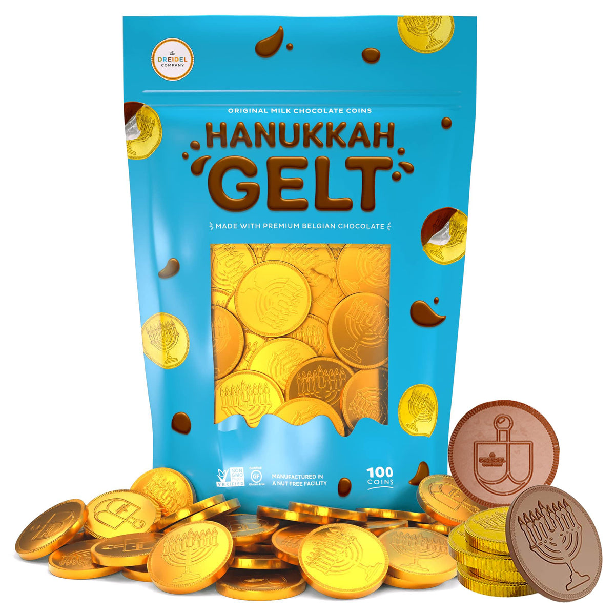 The Dreidel Company 100-Pack Chocolate Coins, Hanukkah Gelt, Gold Coins,With Dreidel and Menorah Designs Made with Belgian Ingredients, Gluten Free