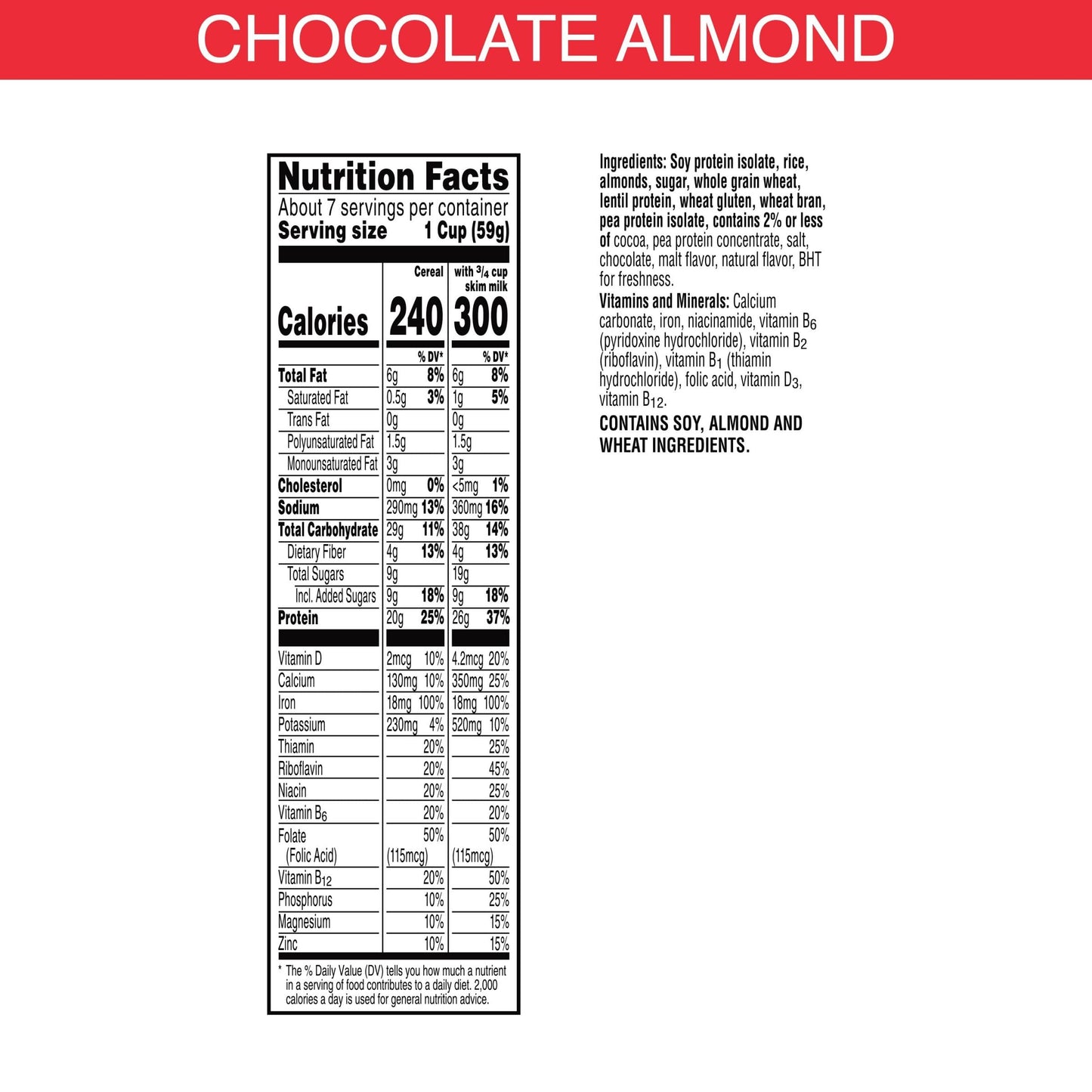 Special K Cold Breakfast Cereal, High Protein, Fiber Cereal, Chocolate Almond, 15.5oz Box (1 Box)