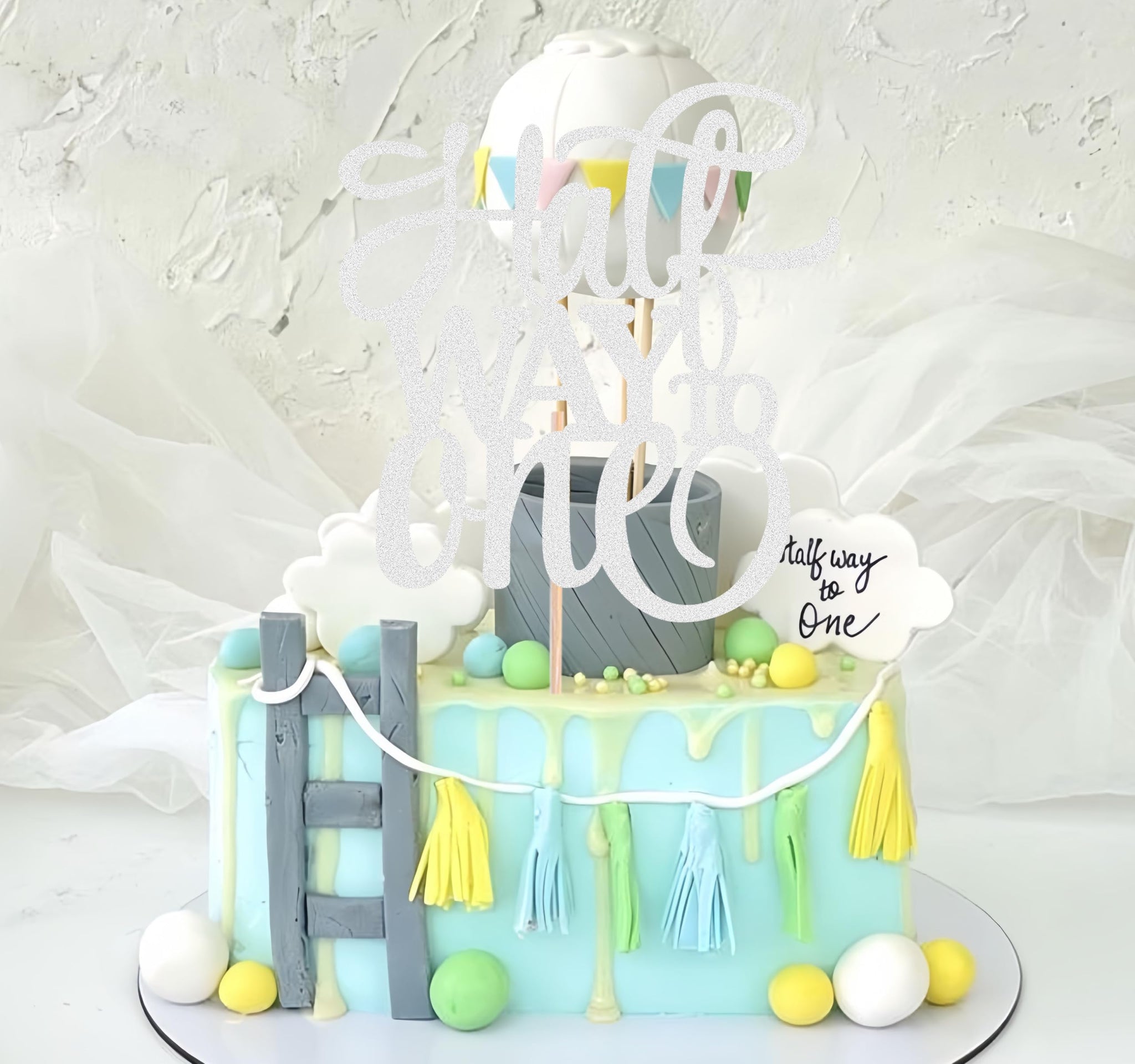 AHAORAY Half Way To One Cake Topper - Silver Glitter 6 Months Birthday Decorations Supplies - Half Birthday Decorations Baby Girl, for Baby