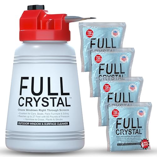 Full Crystal Window Cleaning Kit - 16 oz Glass Cleaner and Bottle with 27 ft Reach, Each 4 oz Bag Makes Up to 640 fl oz, Cleans Up to 80 Windows