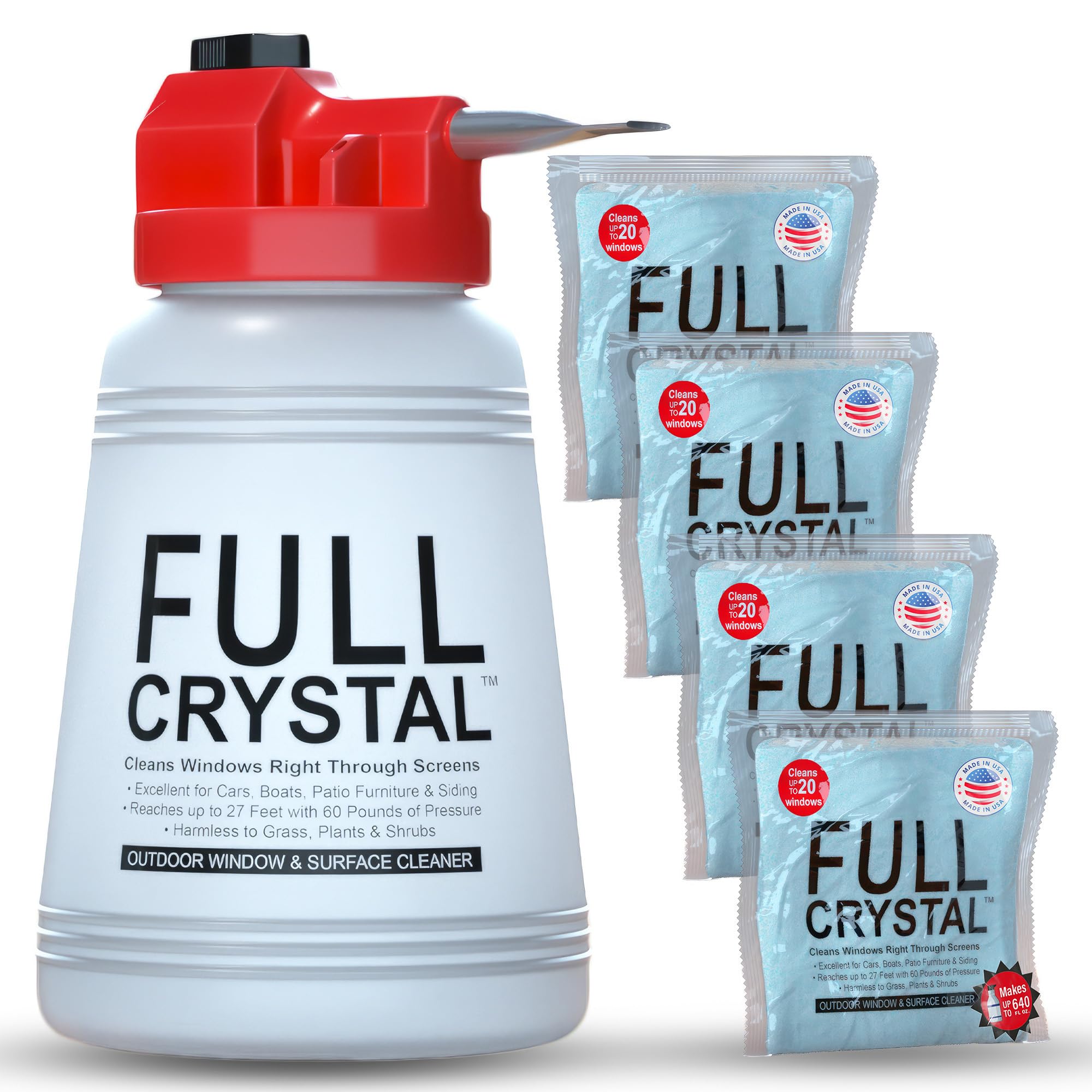 Full Crystal Window Cleaning Kit - 16 oz Glass Cleaner and Bottle with 27 ft Reach, Each 4 oz Bag Makes Up to 640 fl oz, Cleans Up to 80 Windows