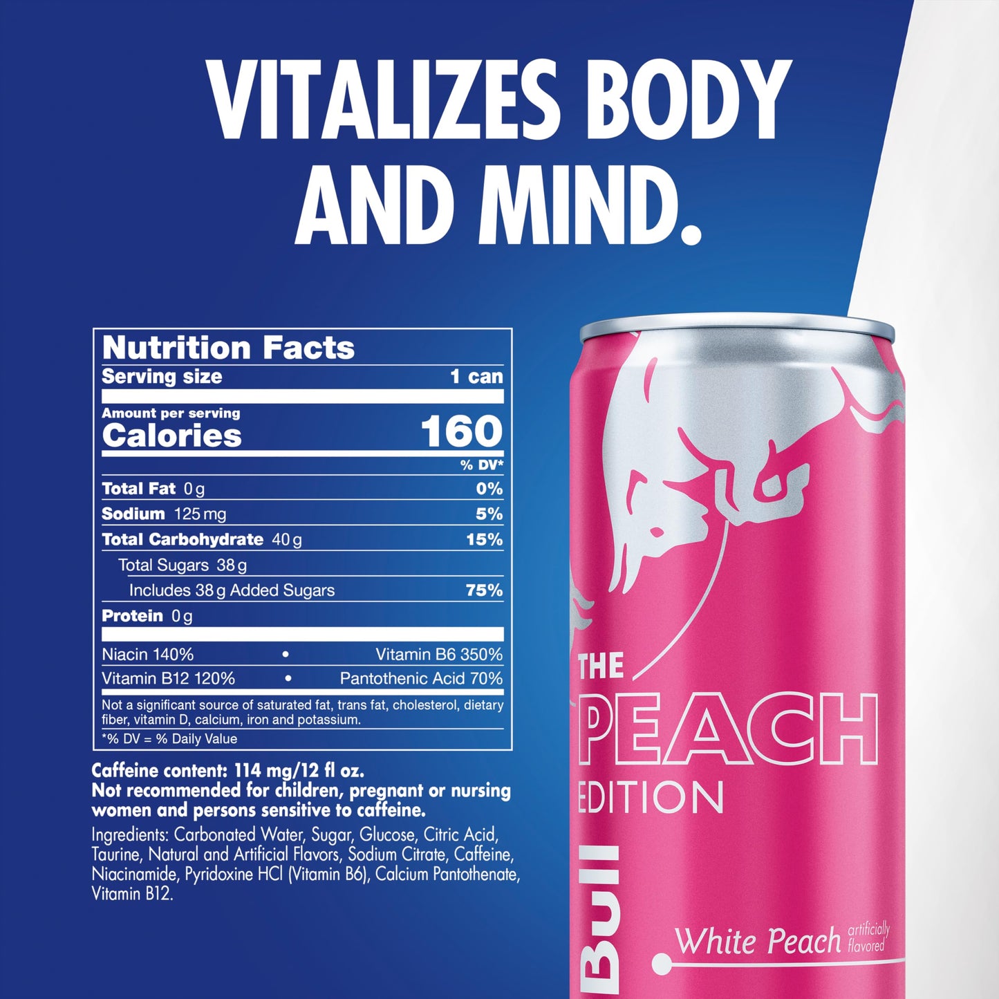 Red Bull Peach Edition Energy Drink, White Peach, 12 fl. oz. can, with 114mg Caffeine, Taurine & B Vitamins