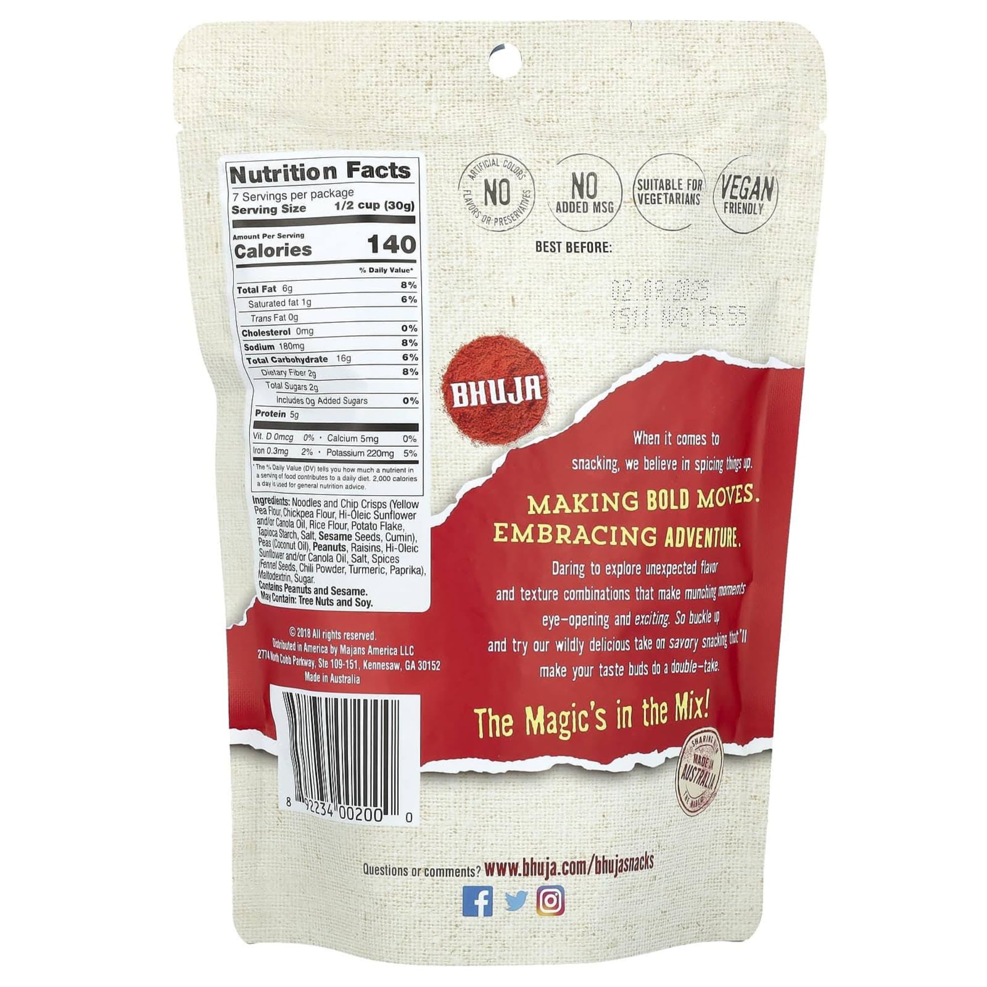 Bhuja Majans Original Mix Snack Mix, 7 oz | Peanuts, Garden Peas & Raisins | Non-GMO, Gluten Free, Vegan Friendly | 5g Protein per Serving | No Added