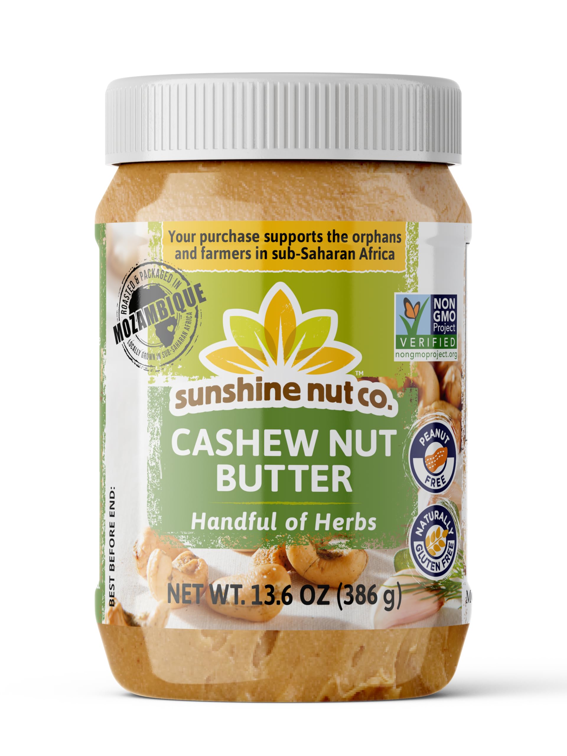 Sunshine Nut Company Gourmet Natural Cashew Butter, Handful of Herbs, 1 Pack, Vegan Spread with Hand-Roasted Mozambique Cashews, No Added Sugar, 13.6