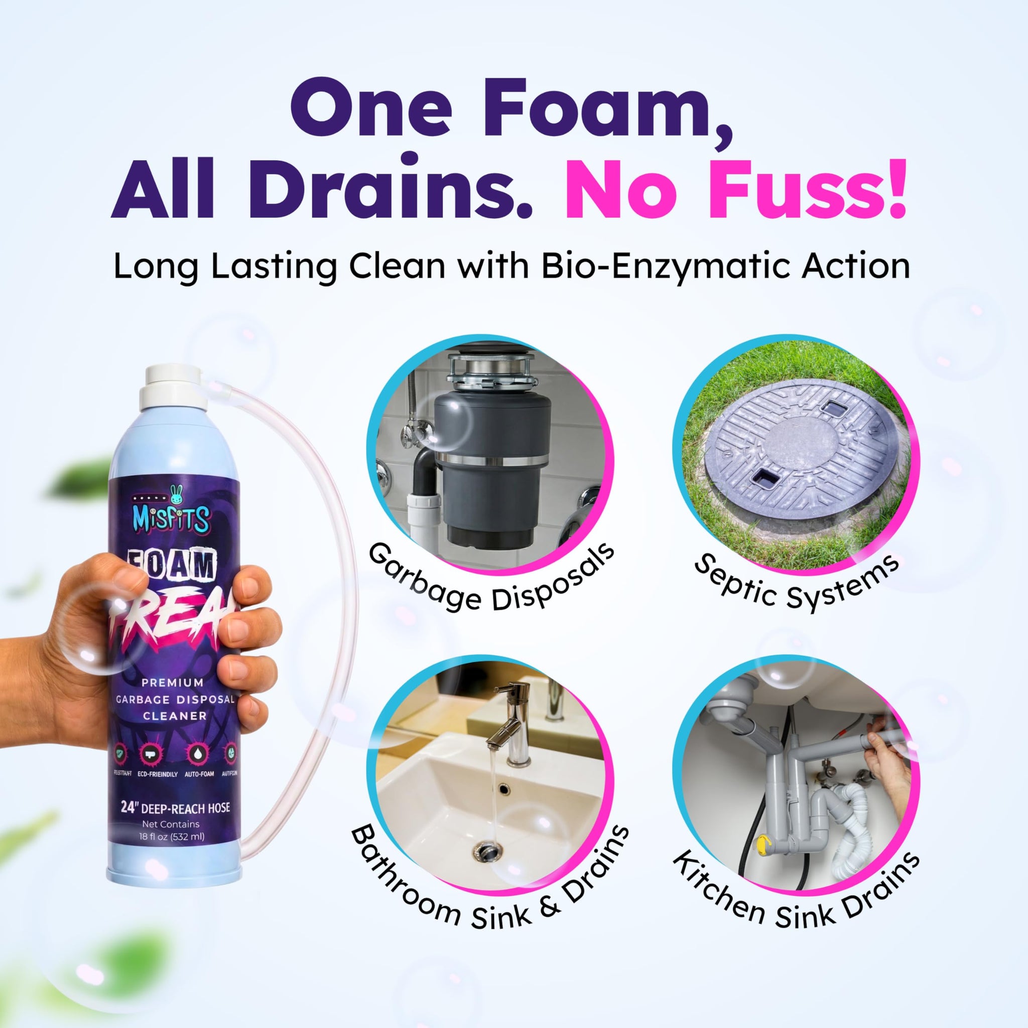 Micro Misfits Foaming Garbage Disposal Cleaner & Deodorizer | Probiotic Enzymatic Formula | Lemon Scent | 24-Inch Hose | 1-Year Supply | Foam Drain