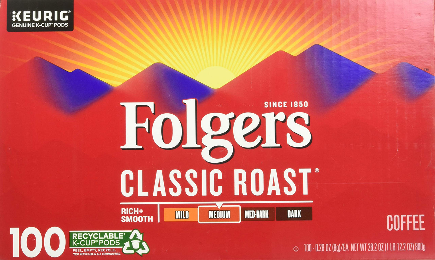 Folger's Medium Classic Roast Coffee 100 K Cup Pods/ 0.28 Ounce Net Wt 28.2 Ounce, Rich + Smooth, 28.2 Ounce