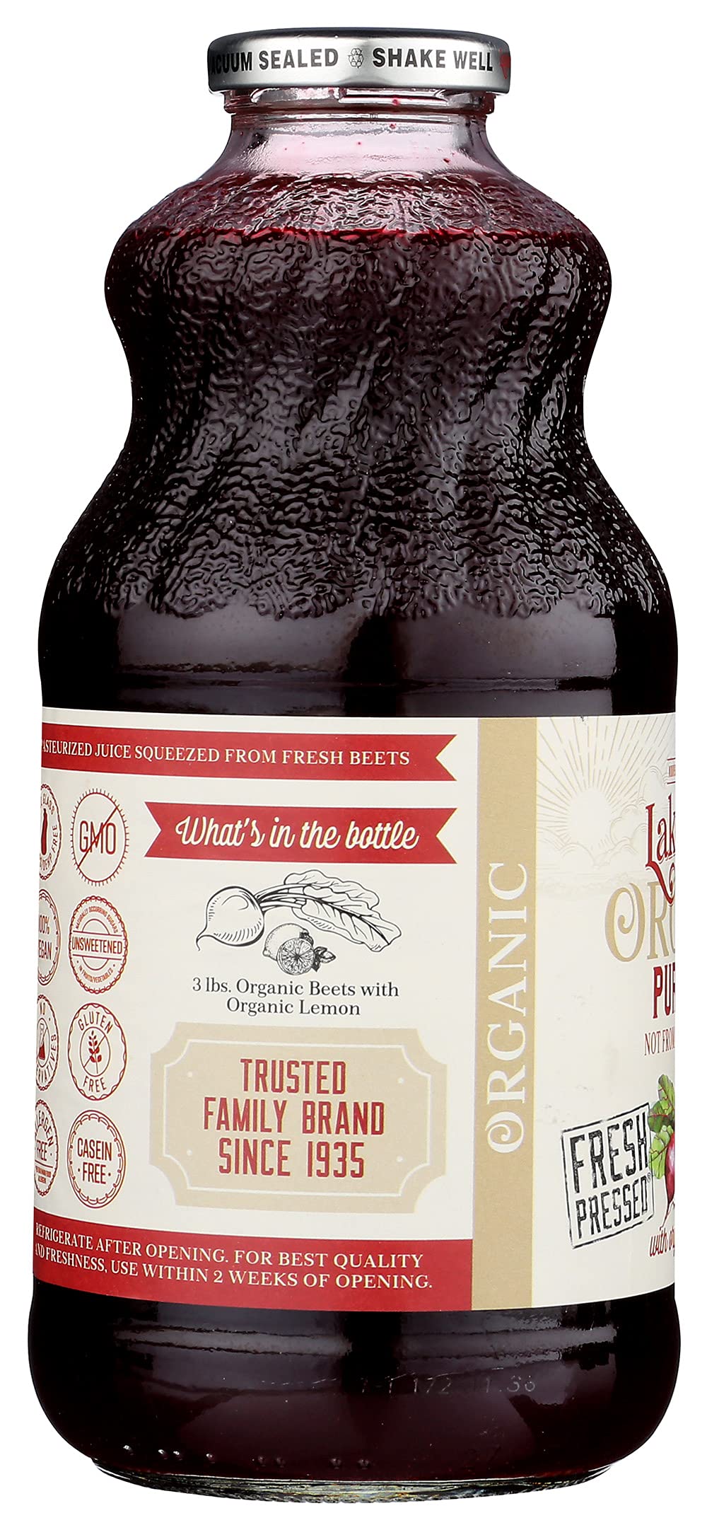 Lakewood Organic Pure Beet, Fresh Pressed, Beetroot, Bottle,Can, 32 Fl Oz, Pack of 6