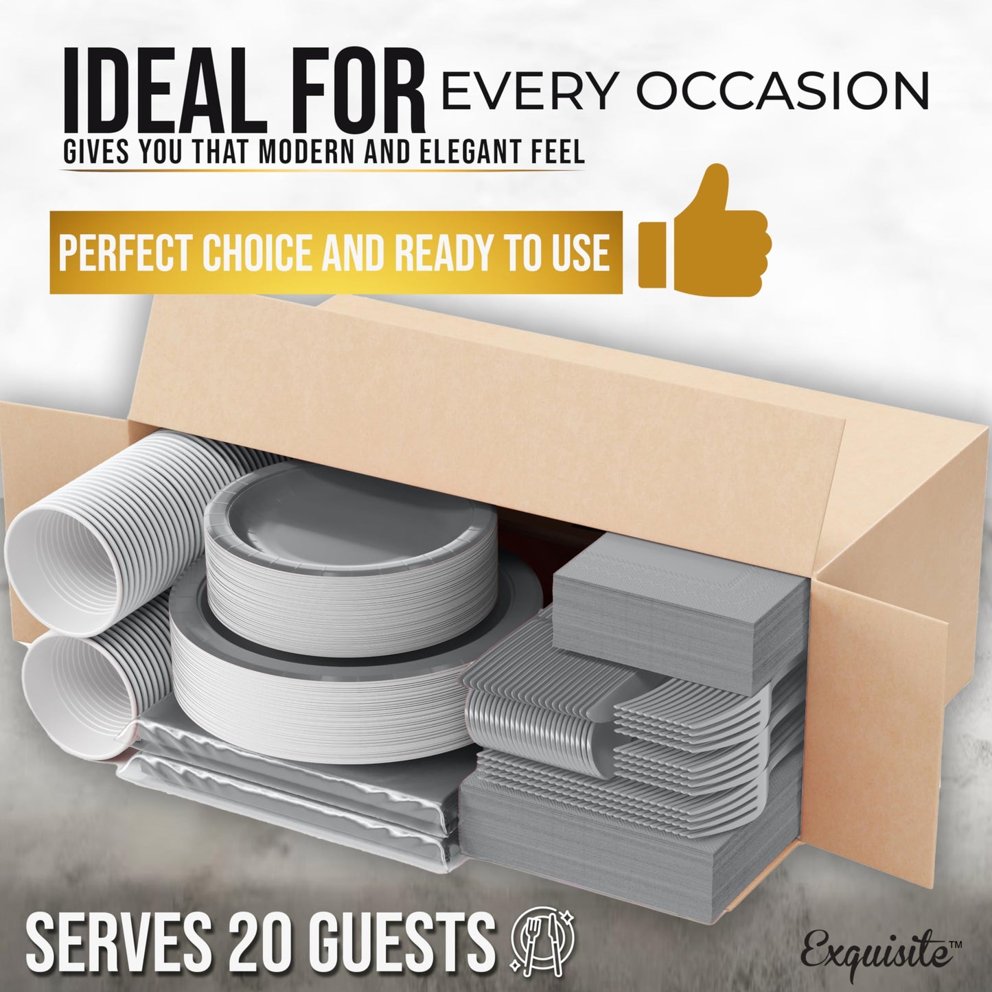 Party Solids 222 Pcs Silver Paper Plates and Napkins Sets, Disposable Plates For Party, Lunch & Cocktail Napkins Paper, 18oz Plastic Cups, Cutlery