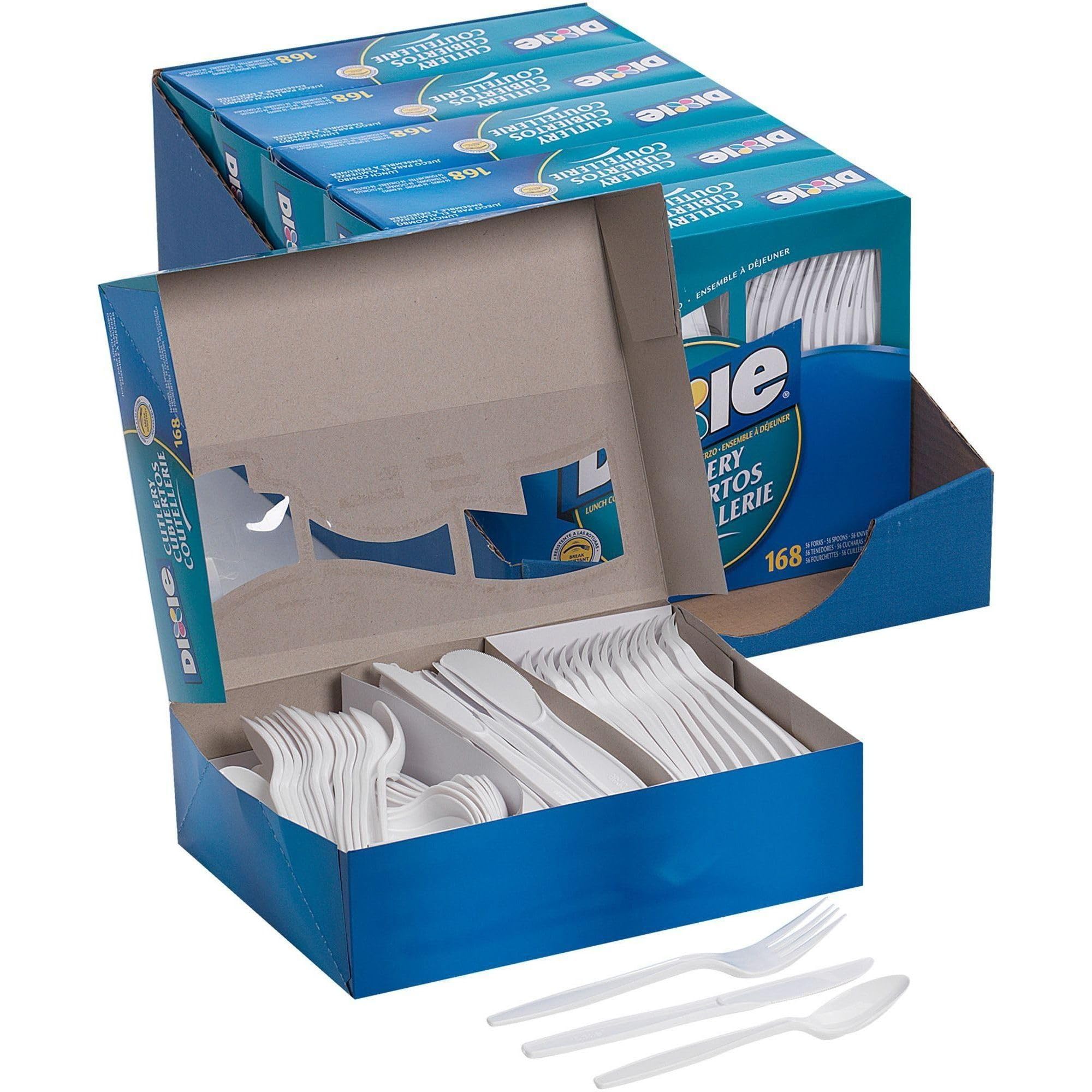 Dixie CM168 Combo Pack, Tray w/White Plastic Utensils, 56 Forks, 56 Knives, 56 Spoons