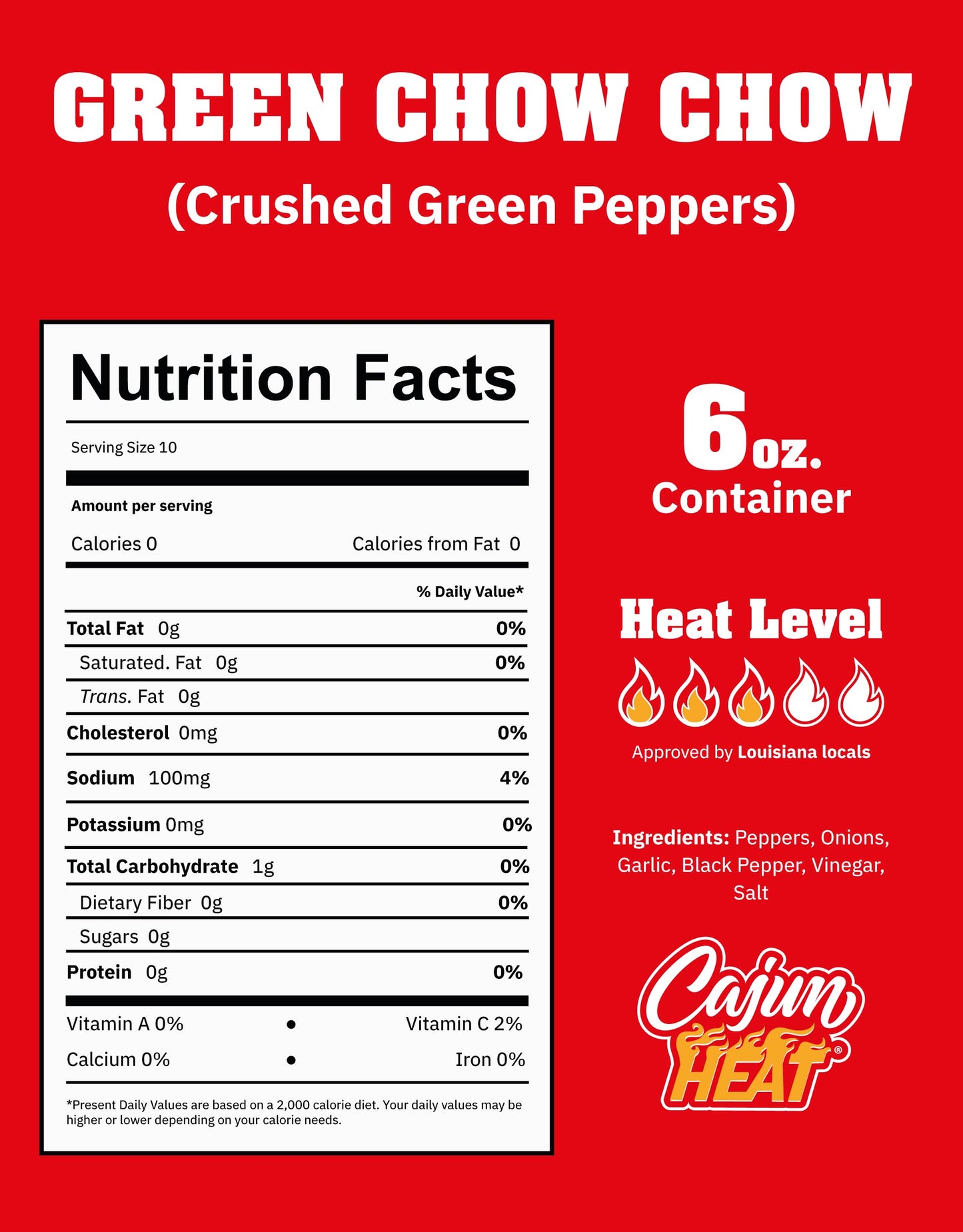 Cajun Nation CAJUN HEAT Green Chow Chow Relish 6oz - Crushed Green Pepper & Onion Spicy Relish, No MSG, Low Sodium- Zesty Tangy Pepper Flavor from