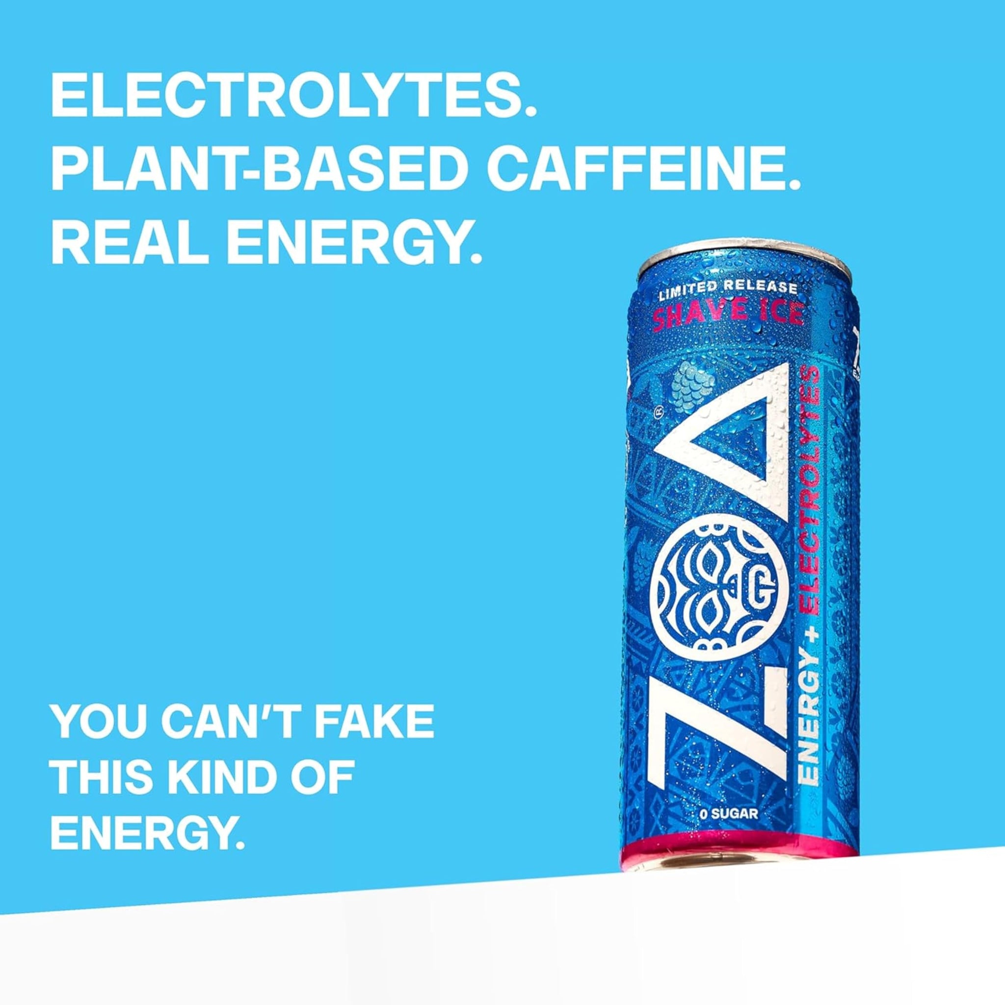 ZOA Sugar Free Energy Drink with Electrolytes, Blue Raspberry Shave Ice, Vitamin C, B Vitamins + Amino Acids, 160 mg Green Tea Caffeine, Zero Sugar