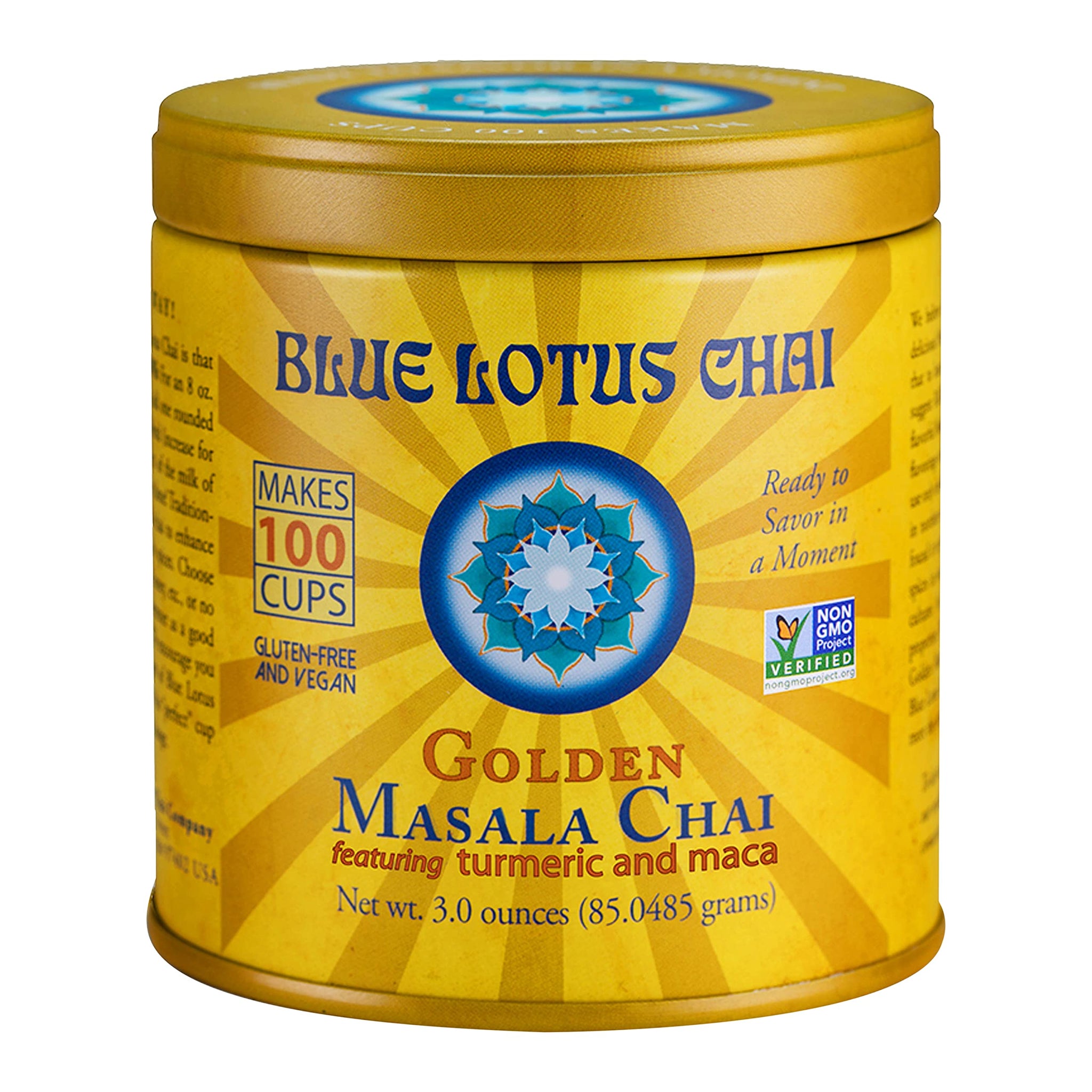 Blue Lotus Chai - Golden Masala Flavor Chai - Makes 100 Cups - 3 Ounce Masala Spiced Chai Powder with Organic Spices - Instant Indian Tea No Steeping