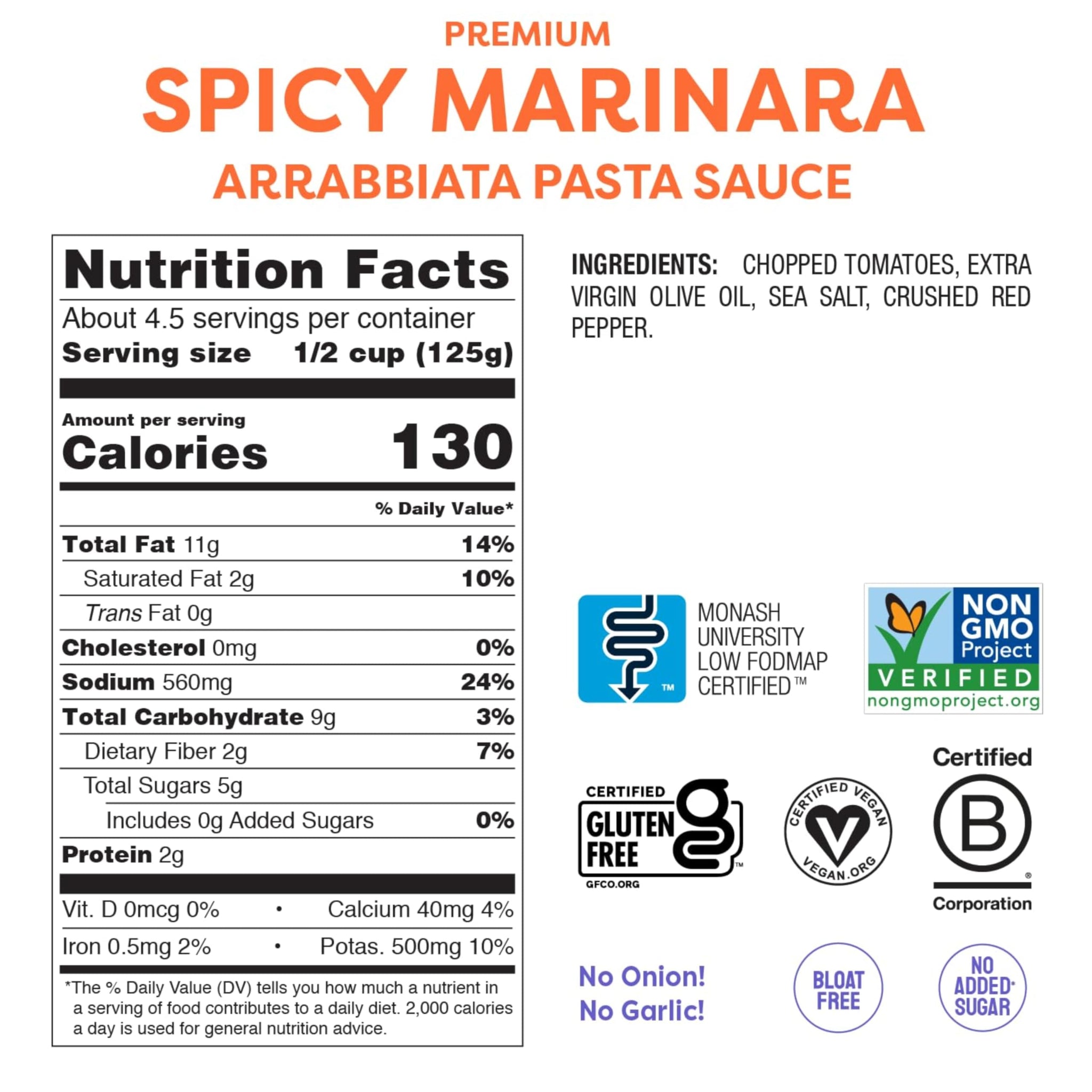 Fody Foods Spicy Marinara Pasta Sauce, 19.4 Oz (Pack of 3), Garlic and Onion Free, Low FODMAP Certified, Gut & IBS Friendly, Vegan, Non-GMO, Gluten