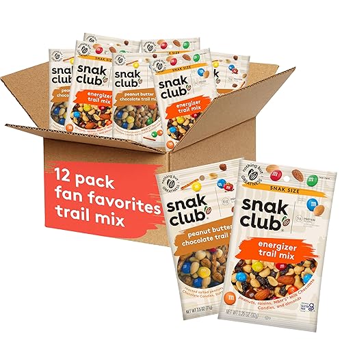 Snak Club Trail Mix Variety Pack, Grab-n-Run Protein Snack Packs, Includes Energizer and Peanut Butter Chocolate Trail Mix, Sweet and Salty Snacks, 12