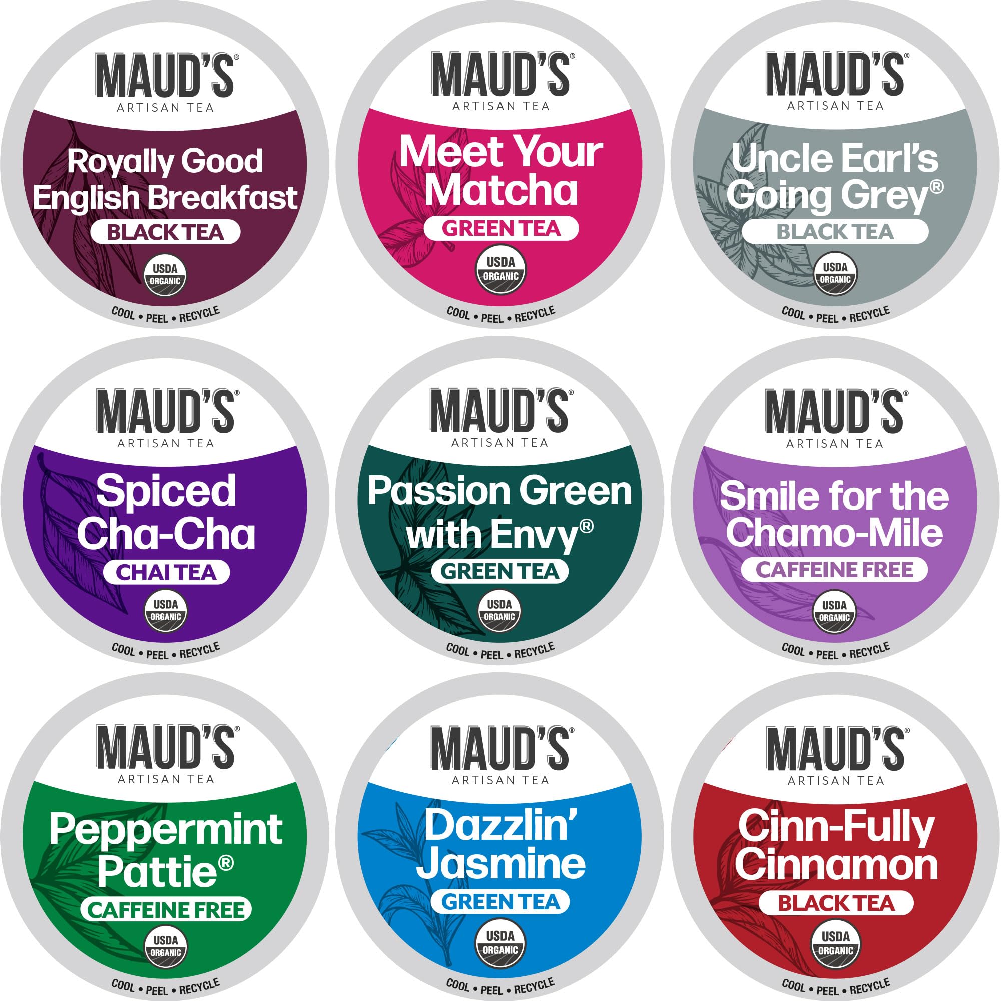 Maud's 9 Blend Organic Tea Pods Variety Pack, 48 ct, 9 Assorted Flavors, Single Serve Pods -100% Gourmet Blended Tea Leaves, Compatible with Keurig K