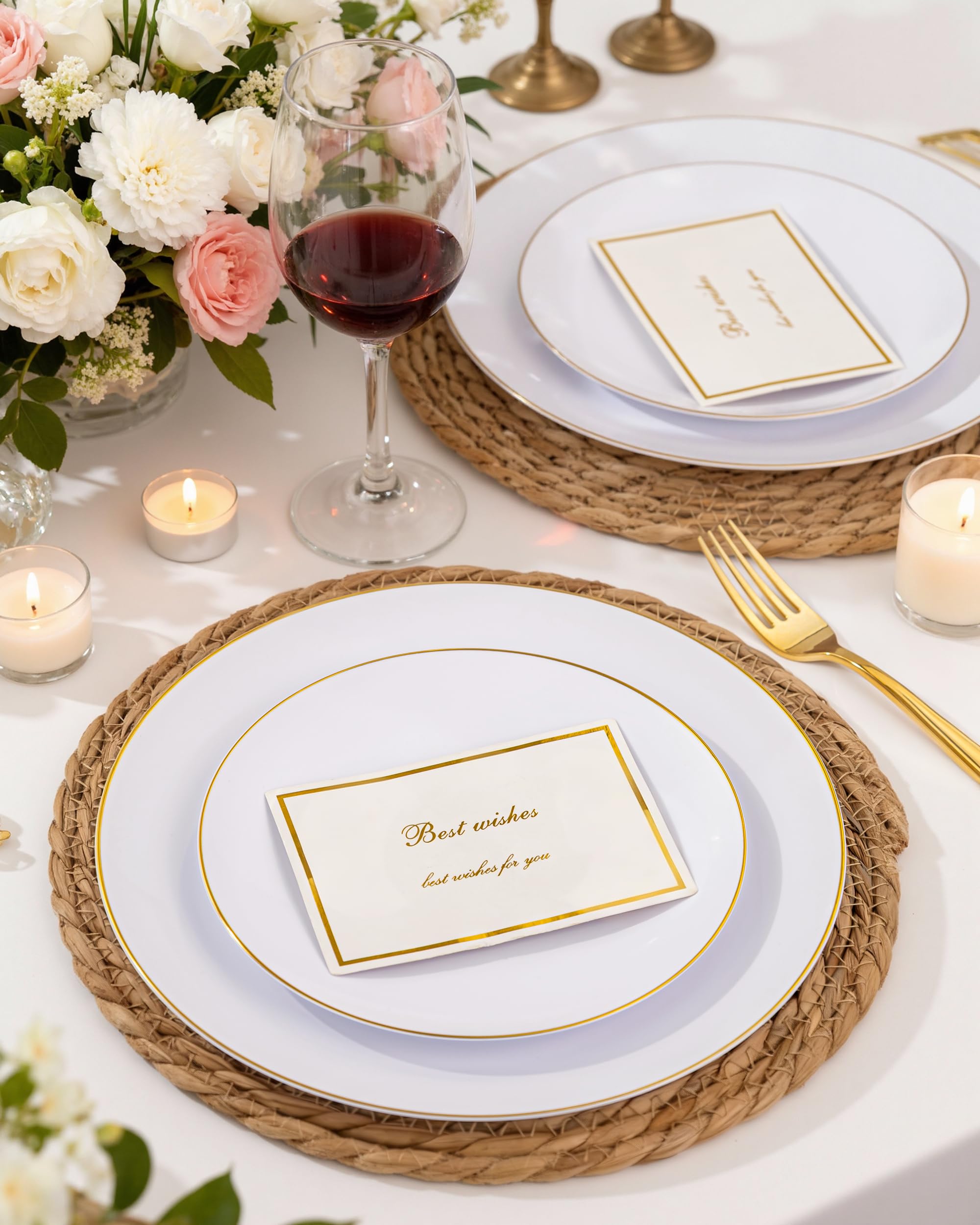 Nervure 125PCS Christmas Plastic Plates - Disposable White and Gold Rim Plates Include 25 Dinner Plate, 25 Salad Plate, 25 Forks, 25 Knives, 25 Spoons