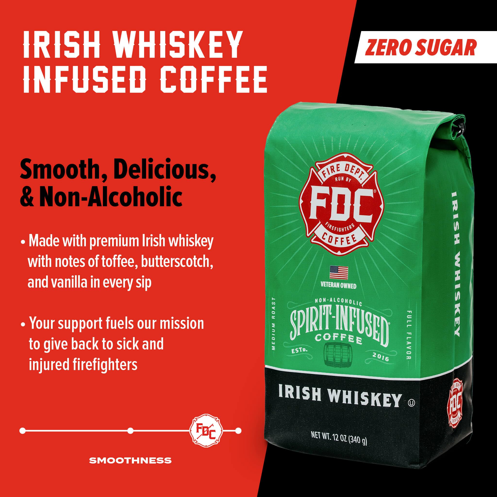 Fire Department Coffee - Gives Back to Firefighters - Irish Whiskey Infused Coffee Beans - Medium Roast - Non-Alcoholic - Roasted in the USA - Whole