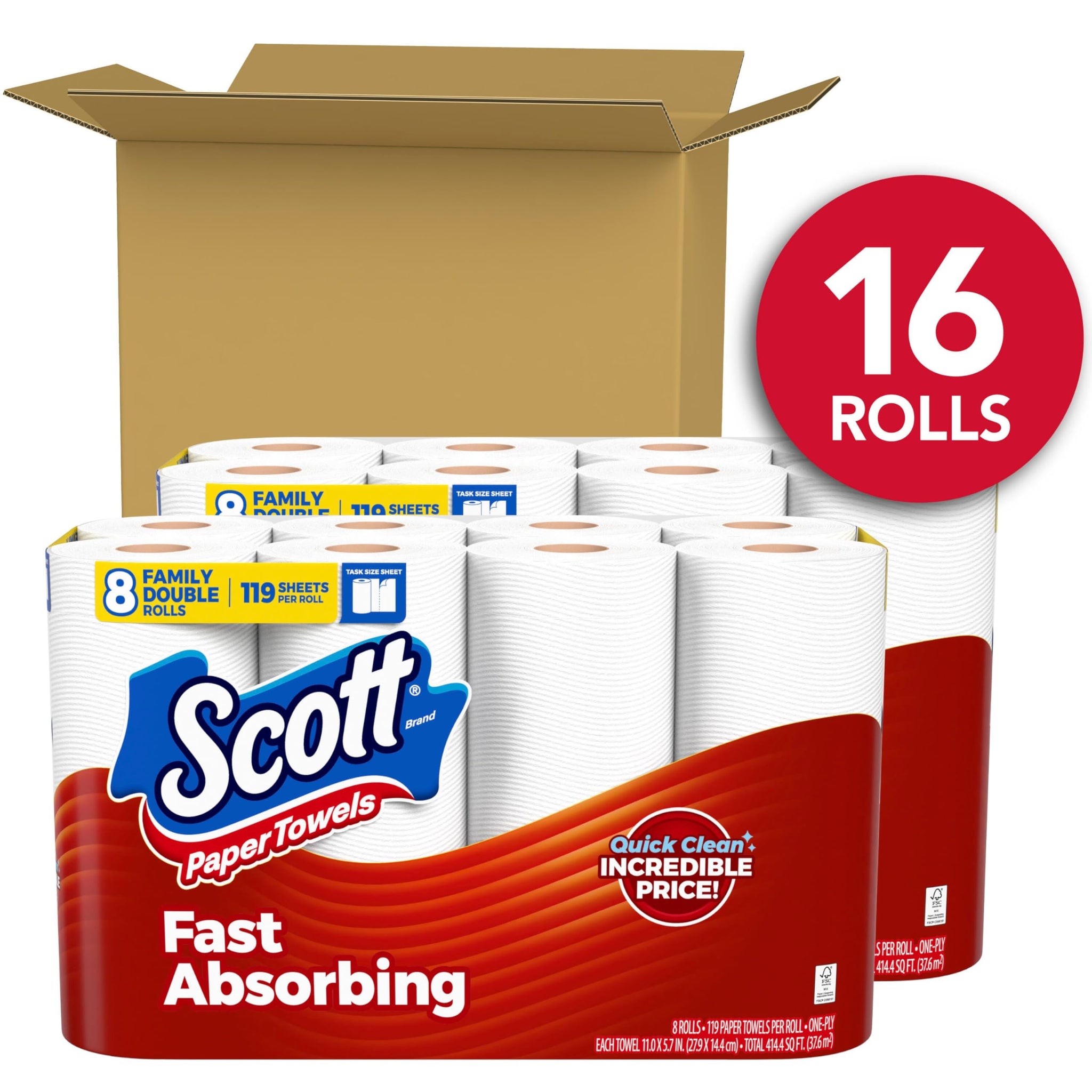 Scott Paper Towels, Task Size, 16 Family Double Rolls (119 Sheets Per Roll)