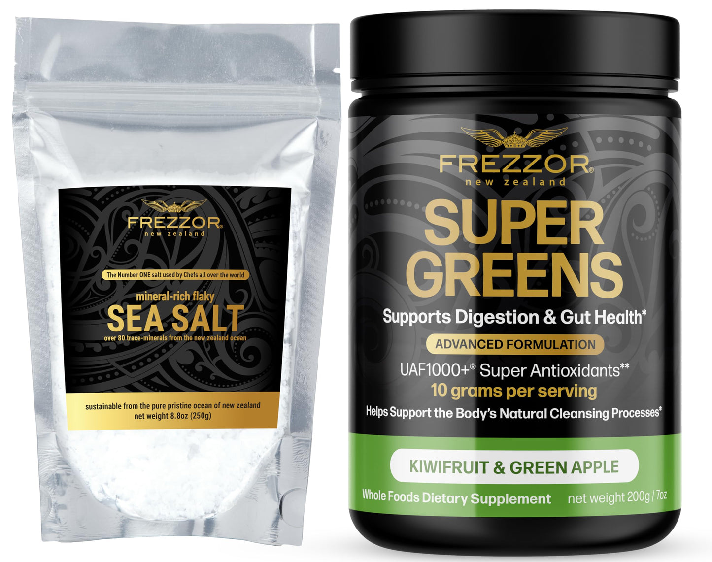 FREZZOR Mineral-Rich Flaky Sea Salt Combo-Pack Supergreens Shake, Made in New Zealand, Flakes, Premium Gourmet, Unprocessed, 80 Minerals & Trace