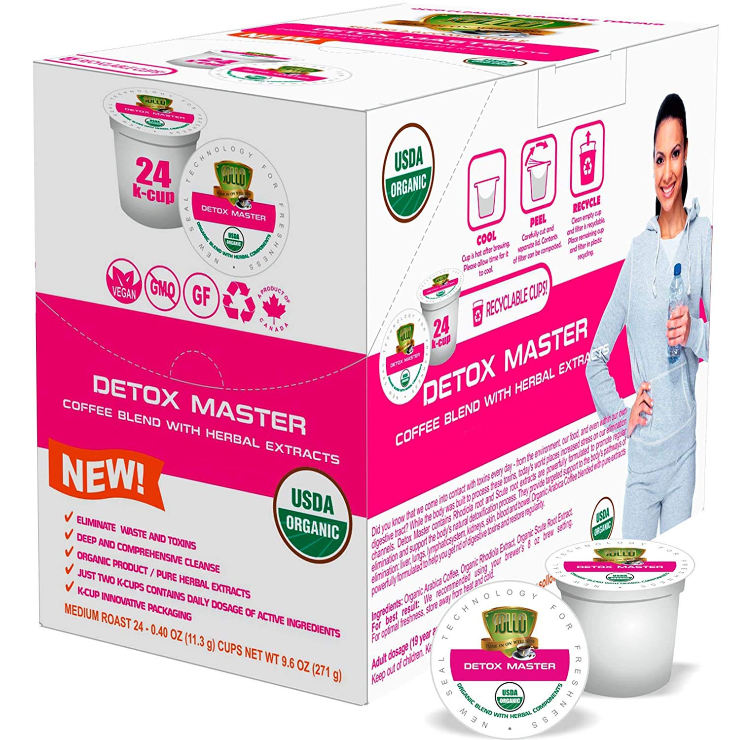SOLLO Organic Detox Coffee Pods with Superfoods, Herbal Extracts, Bold and Smooth, Compatible with Keurig 2.0 Brewers, 24 K-Cup